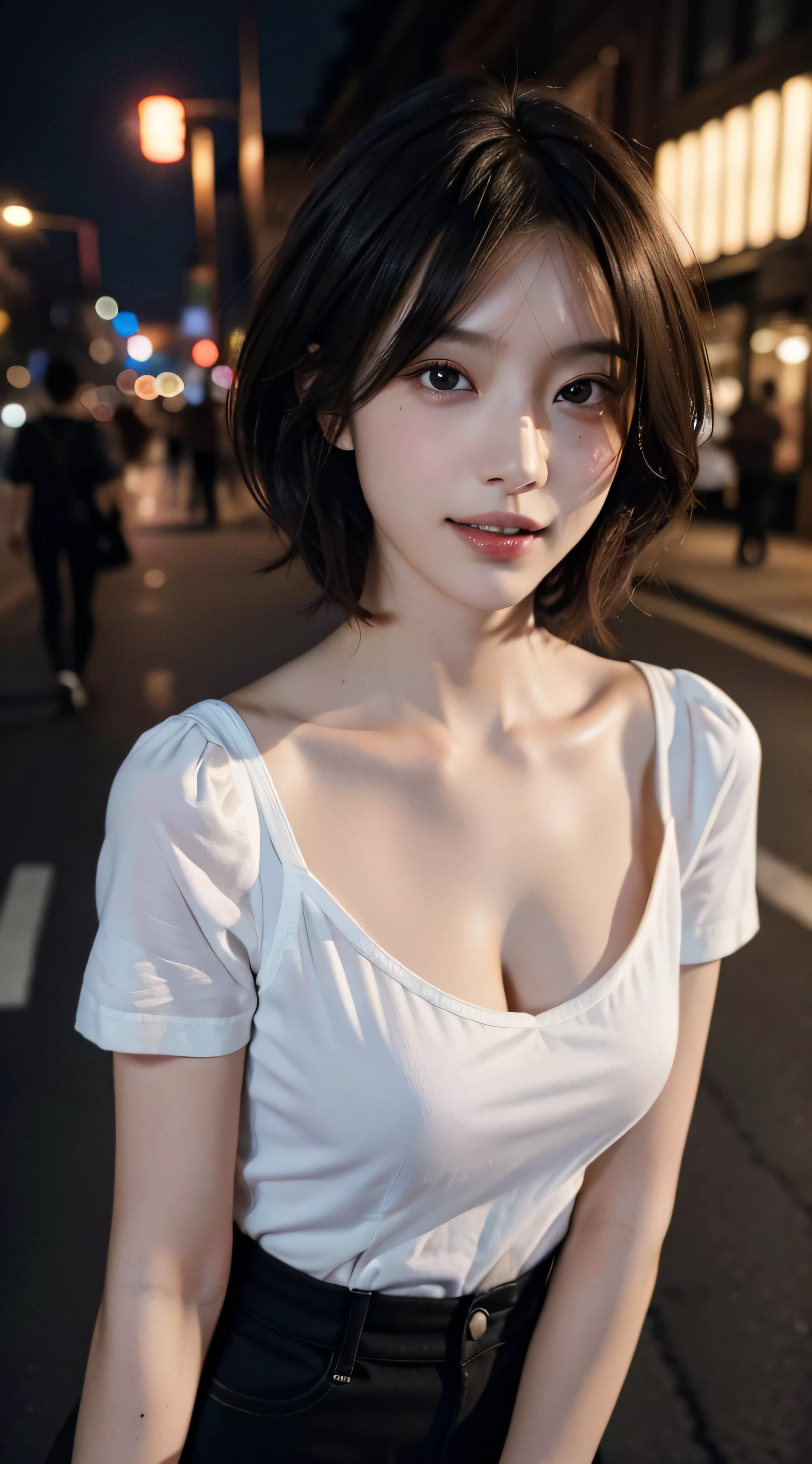 Mastepiece, Best Quality, (Highest quality、8k、masterpiece:1.3)、Ultra-high resolution、Physically Based Rendering、(Photorealistic：1.37)、Beautiful woman with perfect body:1.4、Slim abdomen:1.2、Highly detailed face and skin texture、 Red Cheeks、White skin、Narrow waist,Thin legs、Highest quality,Very beautiful woman, (cute:1.2),Perfect Glowing Skin、(((Full nudity)))、(((Walking in the city at night)))、necklace、((Small Breasts))、((heavy rain))、((Wet body))、(((Transparent T-shirt)))、(((Lower body nude)))、(((No panties)))、((The genitals are visible))、((Black knee-high boots))、smile