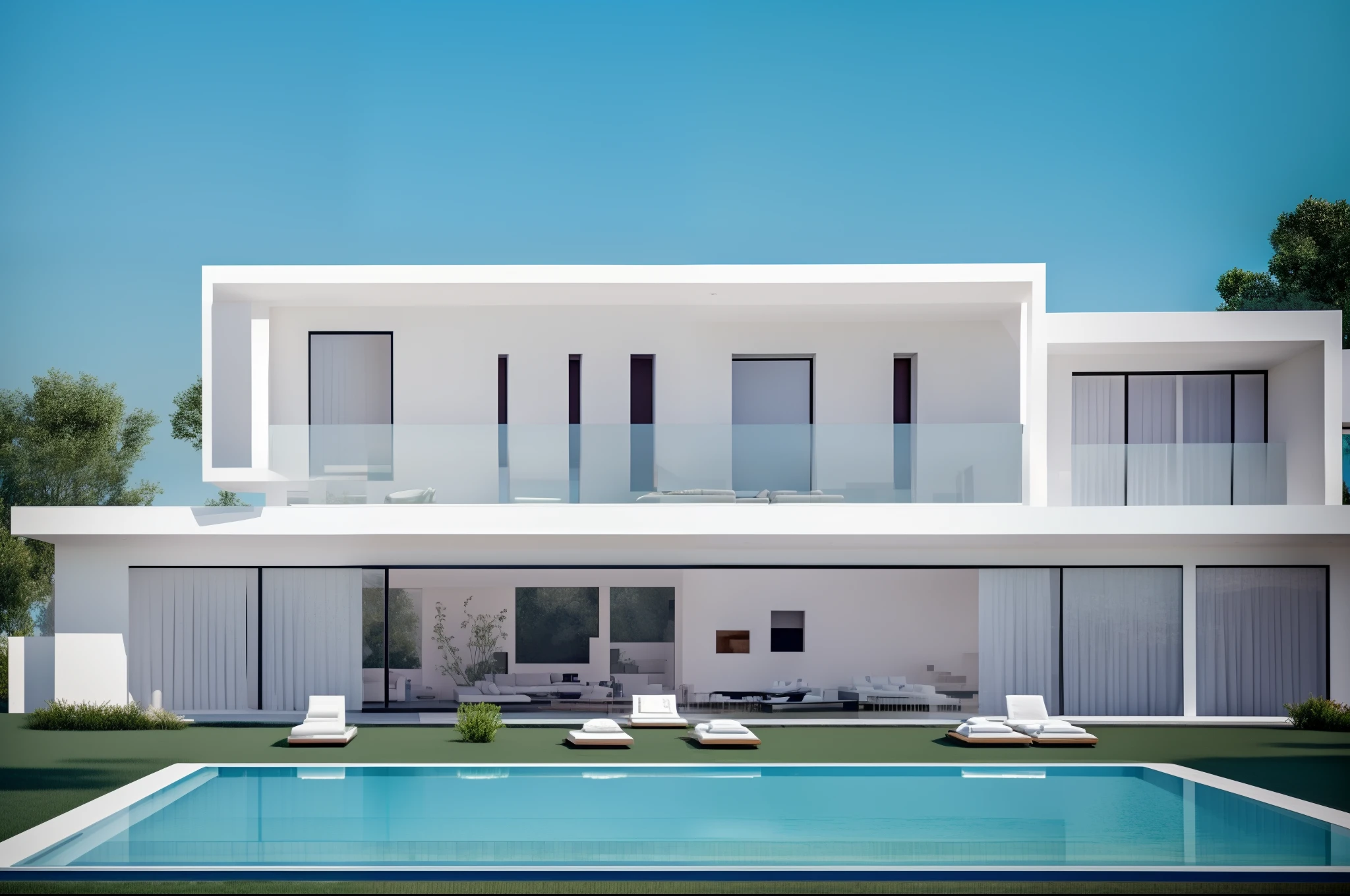 arafed view of a modern house with a pool and lounge chairs, a digital rendering by Seb McKinnon, shutterstock, conceptual art, modern house, modern architecture design, luxury architecture, contemporary house, modern architecture, modern design, modern minimal design, ultra modern, large modern residence, modern setting, futuristic house, white minimalist architecture, luxury lifestyle, contemporary design