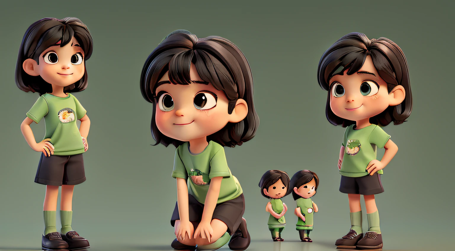 A **************** name Lisa, black hair, wearing no design green t-shirt, black pants, brown shoes,character sheet, different angle, in the style of Cartoonish illustrations