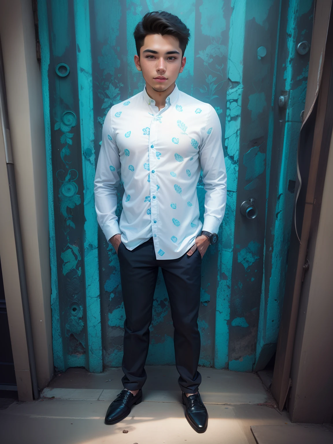 Change the background to a cool location with a handsome young man.