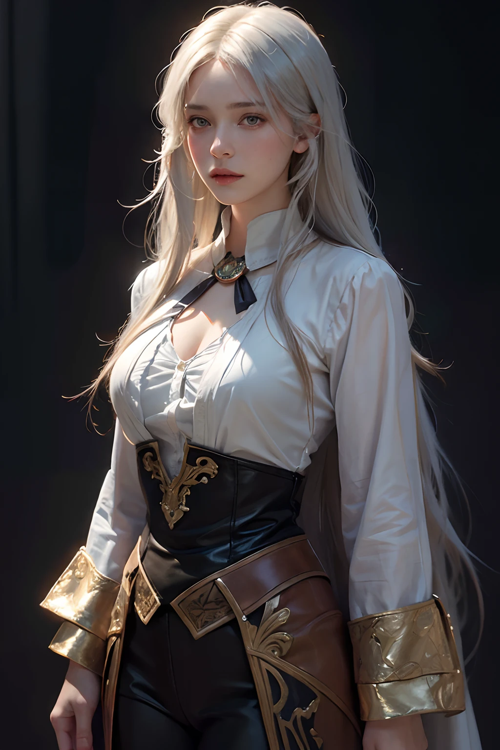 Hyperrealist portrait of female by david hockney and alphonse mucha,fantasy art, photo realistic, dynamic lighting, artstation, poster, volumetric lighting, very detailed faces, 4 k, award winning,, 1girl, in the dark, deep shadow, low key,cowboy shot,(official clothing:1.4) ,long hair,white hair,