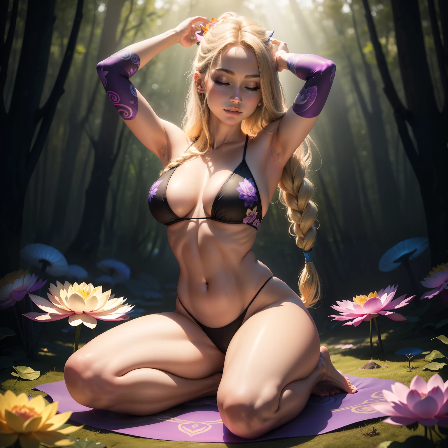 Ultra detailed, vividly colored portrait photographed at eye level on a full frame DSLR with 50mm lens, f/2.8 aperture, 1/250s shutter speed, natural soft diffused lighting, of a graceful blonde woman doing yoga, seated in a low angle lotus pose in a lush, vibrant forest with rays of golden light streaming between the trees, wearing an elegant black bikini swimsuit, intricate floral back tattoo with vibrant purple and blue colors that pop, looking serene with eyes closed, holding elegant yoga pose, long braided blonde hair shining, surrounded by giant technicolor mushrooms in vivid hues straight out of a fantasy world, creating a dreamlike, mystical scene, photographed by Annie Leibovitz
