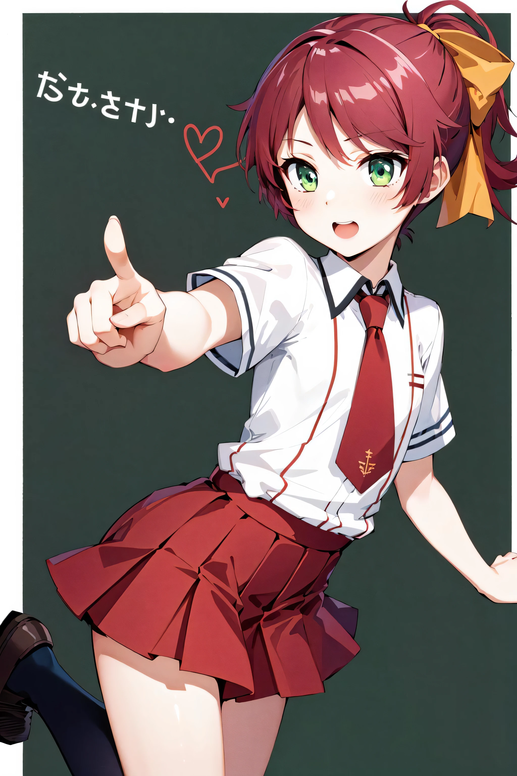 masterpiece, best quality, highres, sm1, school uniform, necktie, red hair, short hair, hair ribbon, skirt, white shirt short sleeves, pointing,