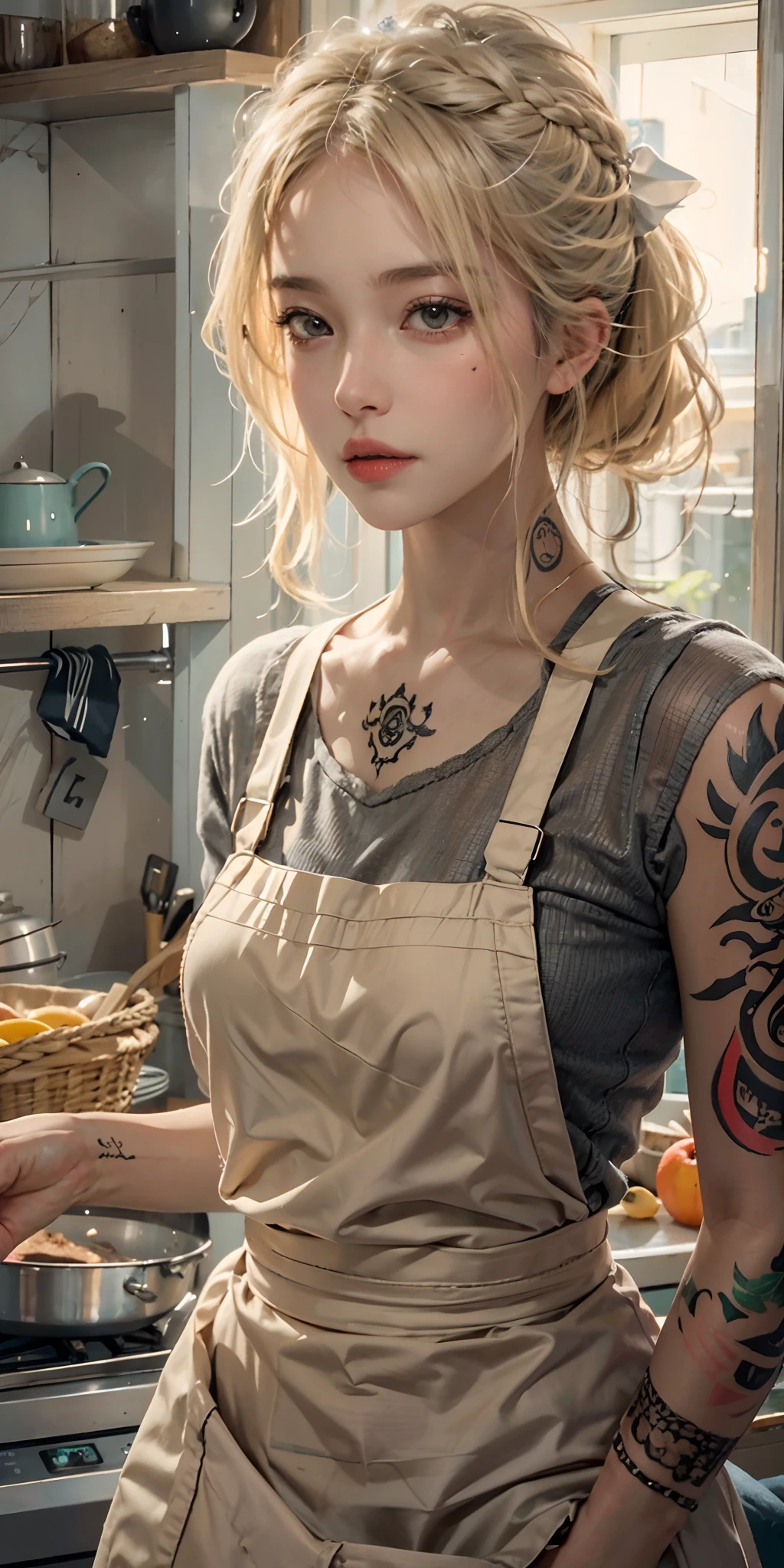 photorealistic, high resolution, soft light,1women, solo, hips up, (detailed face),a woman with various tattoos and hair standing in her kitchen, Her apron is the only dress, blonde hair