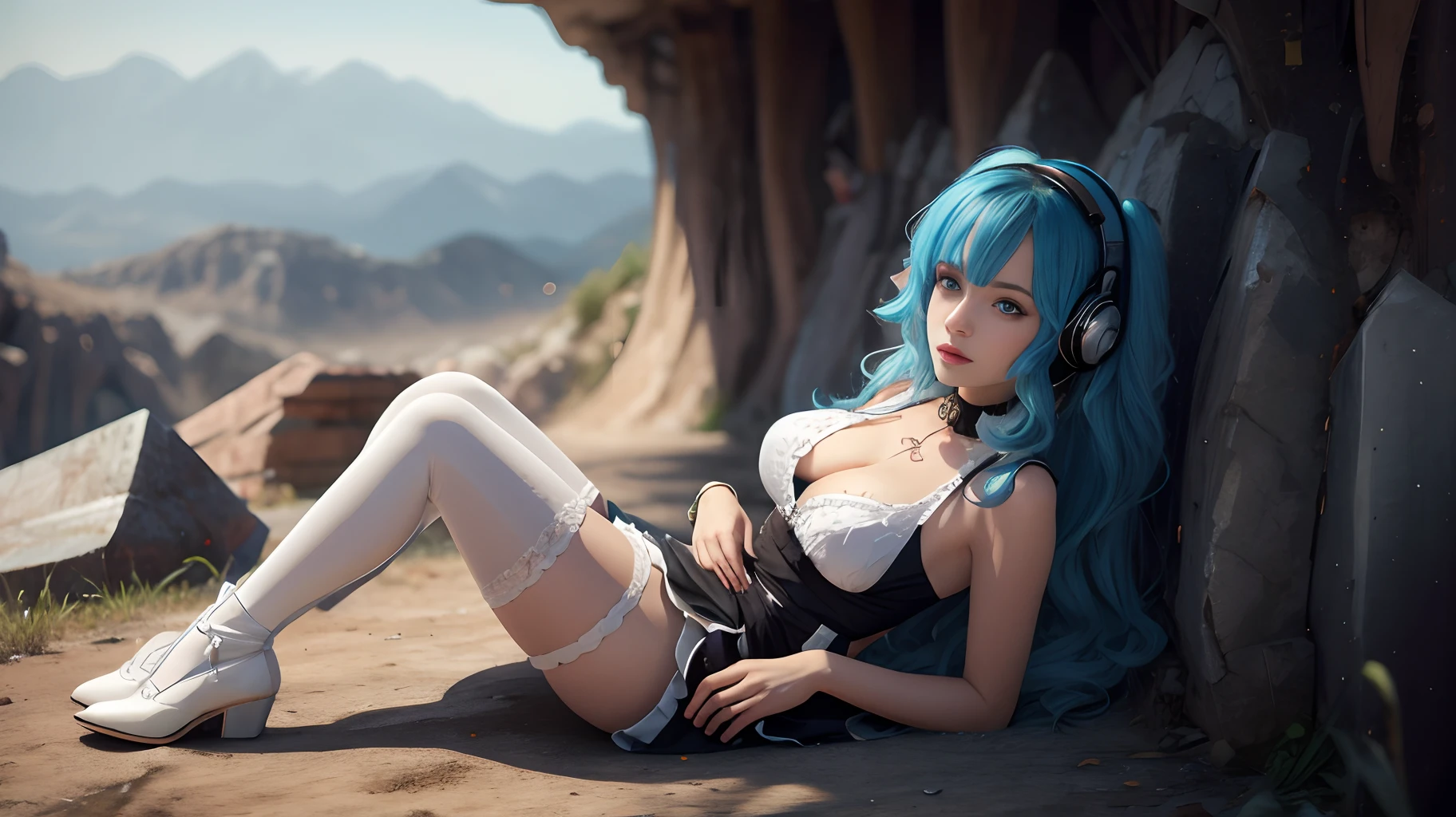 masterpiece, best quality, masterpiece, spread , best quality, incredibly_absurdres, on a desert, loli, maid, gradient eyes, long hair, endured_face, headphones around neck, colored inner hair, one breast out, gothic_lolita, white pantyhose, high heels, adjusting_thighhigh, 😀, panty_gag, facial, cum_inside,