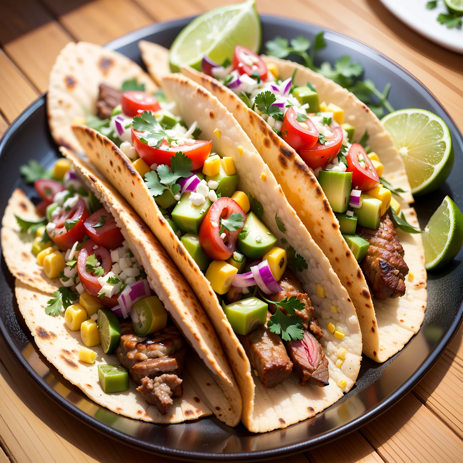 Advertising for street tacos plates、It is an appetizing display of culinary delights. These small, Soft corn tortillas、It's filled with grilled meat, like marinated beef, Tender chicken, or succulent feed,. Topped with bright garnishes such as finely chopped onions, Fresh cilantro, and tangy salsa, They offer a burst of flavors. Served with a slice of juicy lime, Tacos invite a tangy twist. To capture this fascinating plate、You will need a close-up lens for a DSLR camera, With settings adjusted for optimal exposure and shallow depth of field、Highlights delicious details. --ar 16:9 --s 750 --auto --s2