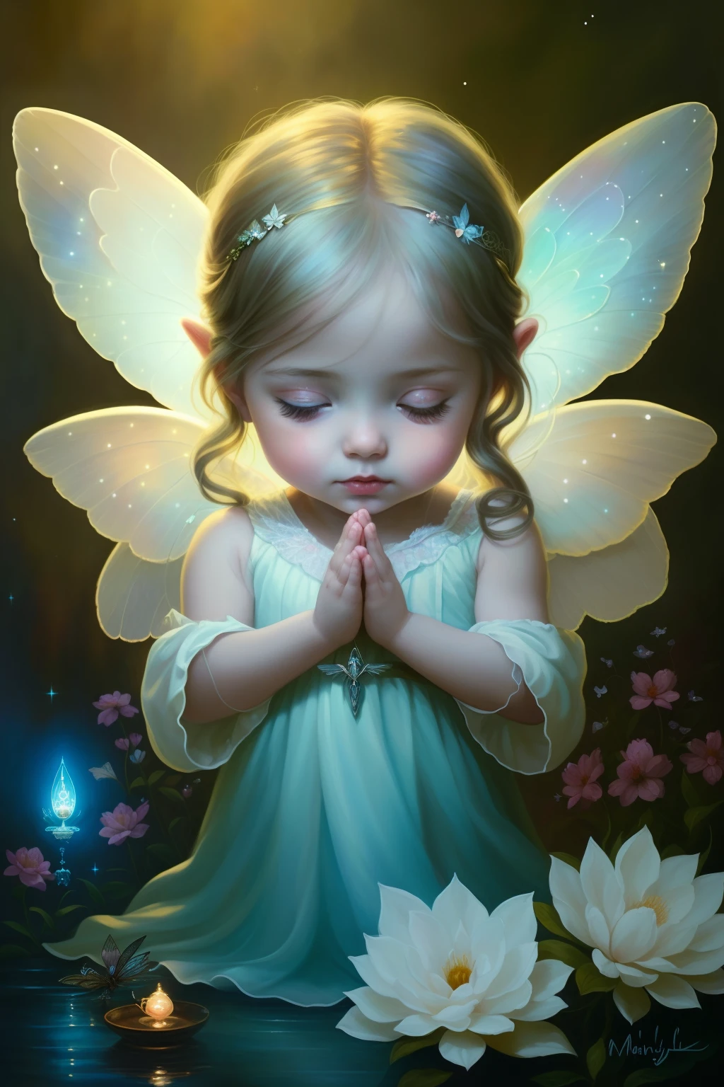 a painting of a girl with a fairy wings praying, beeple and jeremiah ketner, beautiful angel, by Marie Angel, of an beautiful angel girl, glowing angelic being, of beautiful angel, beautiful fairy, beautiful fairies, beautiful fairie, angel girl, angelic, angelic purity, full of paintings of angels, girl with angel wings, young wan angel