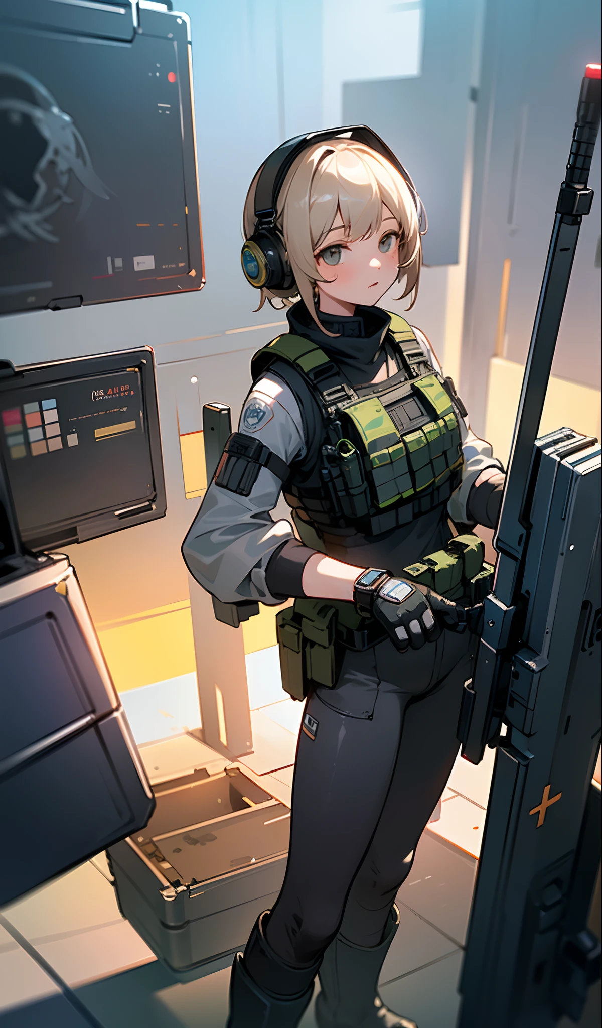 ((High quality)), ((Masterpiece)), 8K, 2girls, bulletproof vest, Light rays, Extremely detailed Cg Unity 8K wallpaper, Game CG, view the viewer, mitts, Boots, full bodyesbian, Watch, Computer, Mask, UAVs, holding weapon, Earphone,