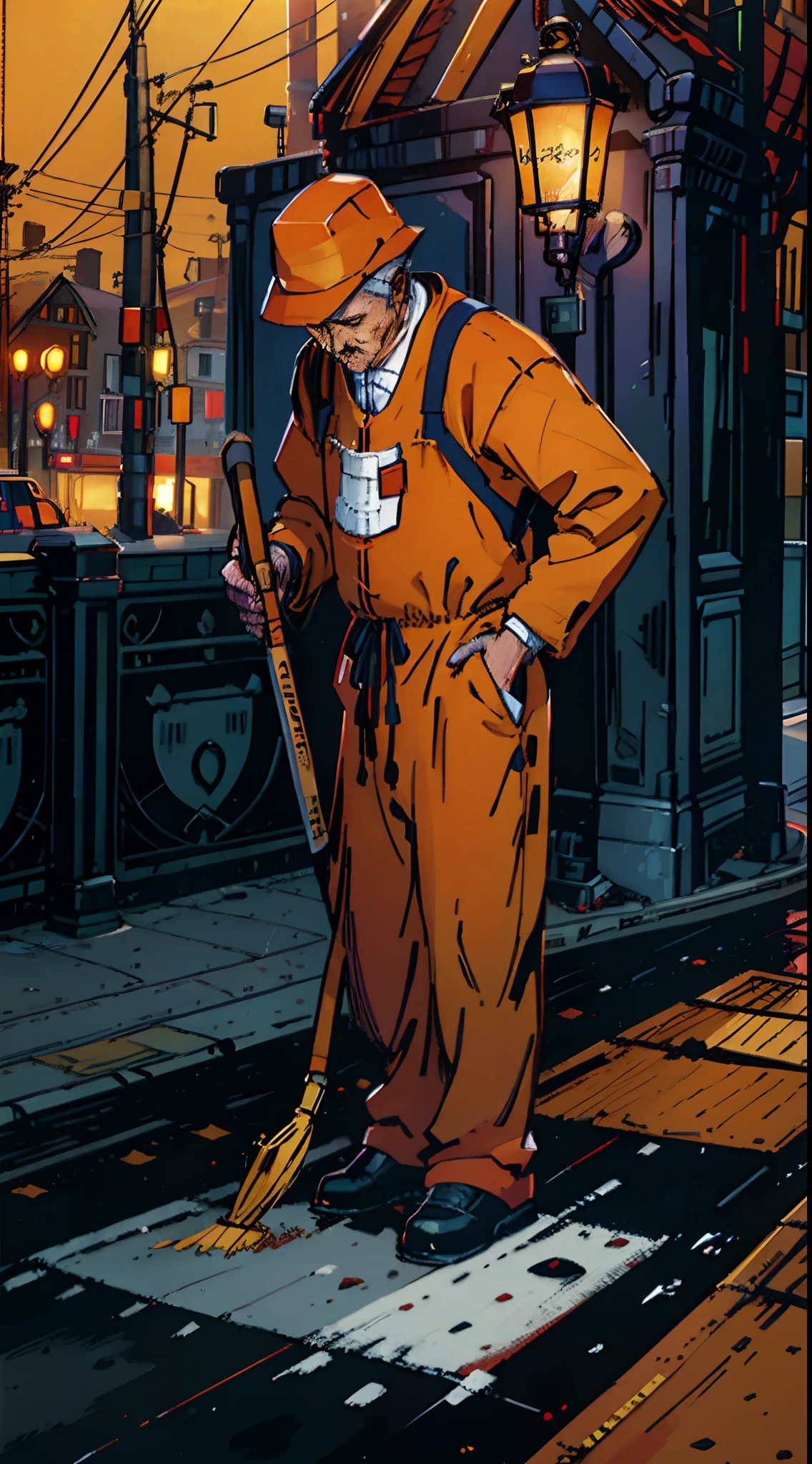 An old sweeper man in an orange suit is a very tired sweeper cleaning the street with a broom, a trash can on the side of the street, cold day