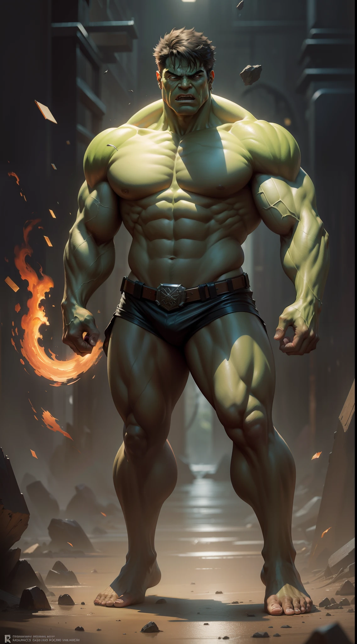 Full body shot of the Hulk in Marvel Comics, Angry expression! nice and perfect face,Soft skin, Beautiful, mature and perfect face, Concept art portrait by Greg rutkowski, Art germ, Ultra-detailed intricate artistic trends in ArtStation ternary colors, Fantastical, intricately details, Splash screen, Complementary colors, fantasy concept art, 8K resolution, Deviantart's masterpiece, Oil painting, Heavy strokes, in frame, Centered