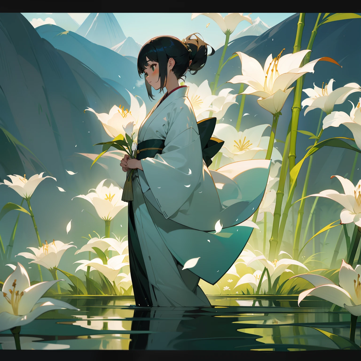Woman in Japanese clothes walking in deep green bamboo forest。In her hands、A single white lily flower。The flower seemed to reflect her chastity and nobility.。The breeze is blowing、Lily flowers sway gracefully。mountain in the distance々With the silhouette of、This gorgeous and beautiful scenery was wrapped in magic that made you forget the time.。