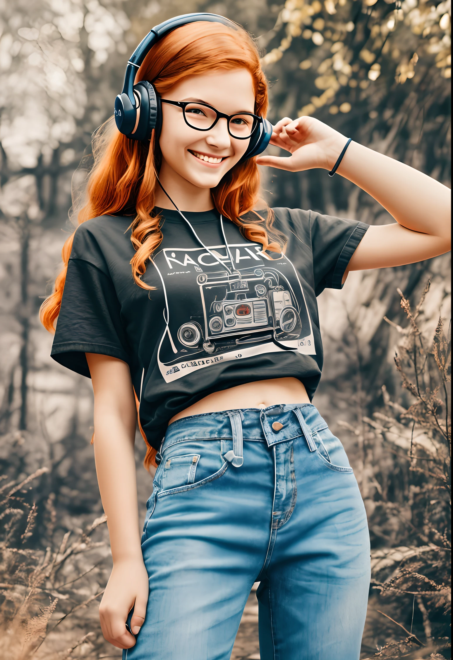 SeaArt Robot Txt2Img 11:21:31 masterpiece, best quality),1 16-year-old teenager, wavy red hair, round glasses, smiling, black T-shirt, wide-mouthed jeans, hand on waist, headphones in ear, warm lighting, blurred foreground, posing for a self picture. --auto --s2