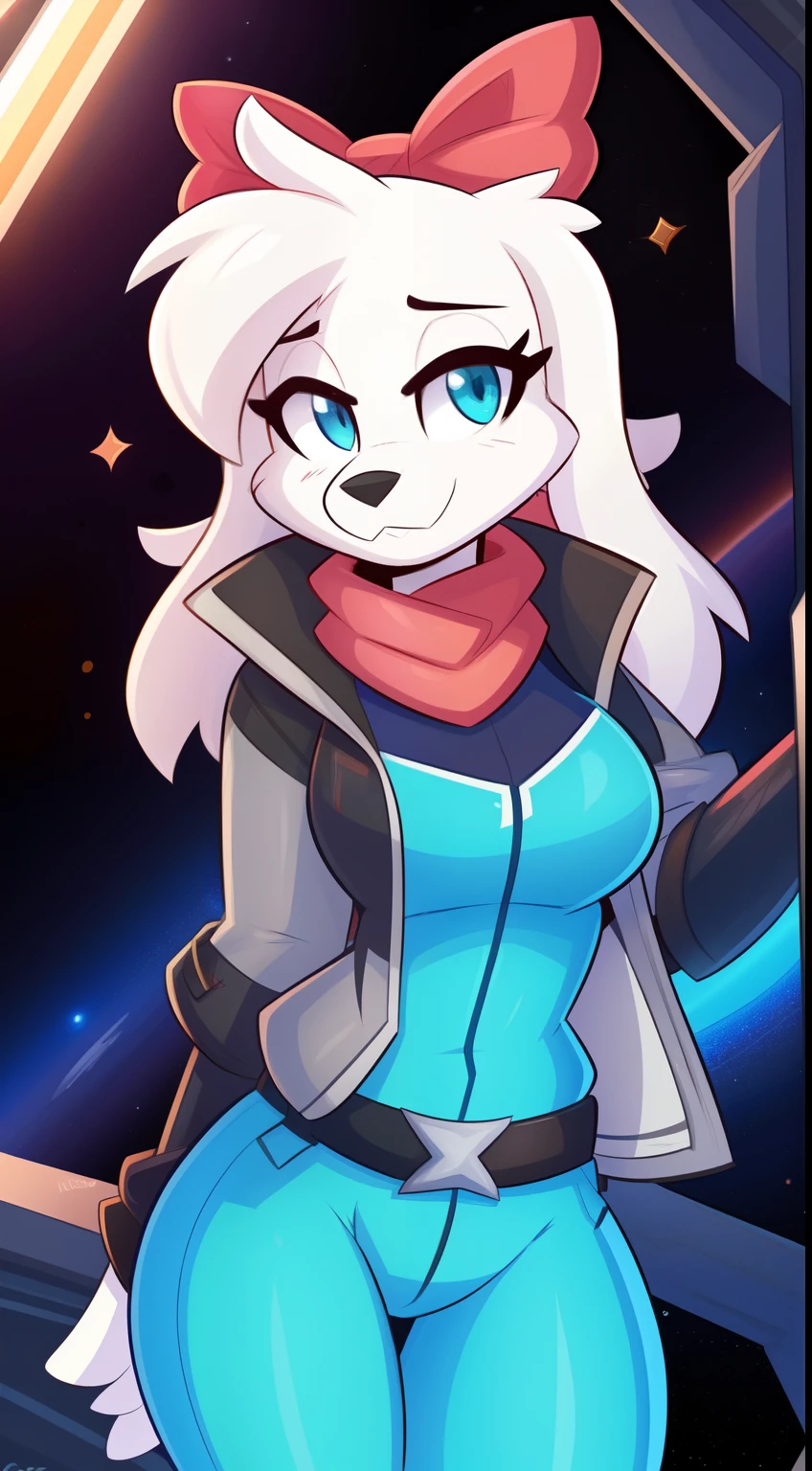 fayspaniel, furry female anthro, portrait, close-up, red bow, aqua jumpsuit, cropped jacket, grey jacket, red scarf, belt, solo, (body fur:1.2), (best quality), (detailed space jet background:1.2), dramatic lighting, (detailed fluffy fur:1.1), looking at viewer,  medium breasts,  white ears, ((by Kilinah, by Coffeesoda, by Hioshiru, by Kilinah)), full body