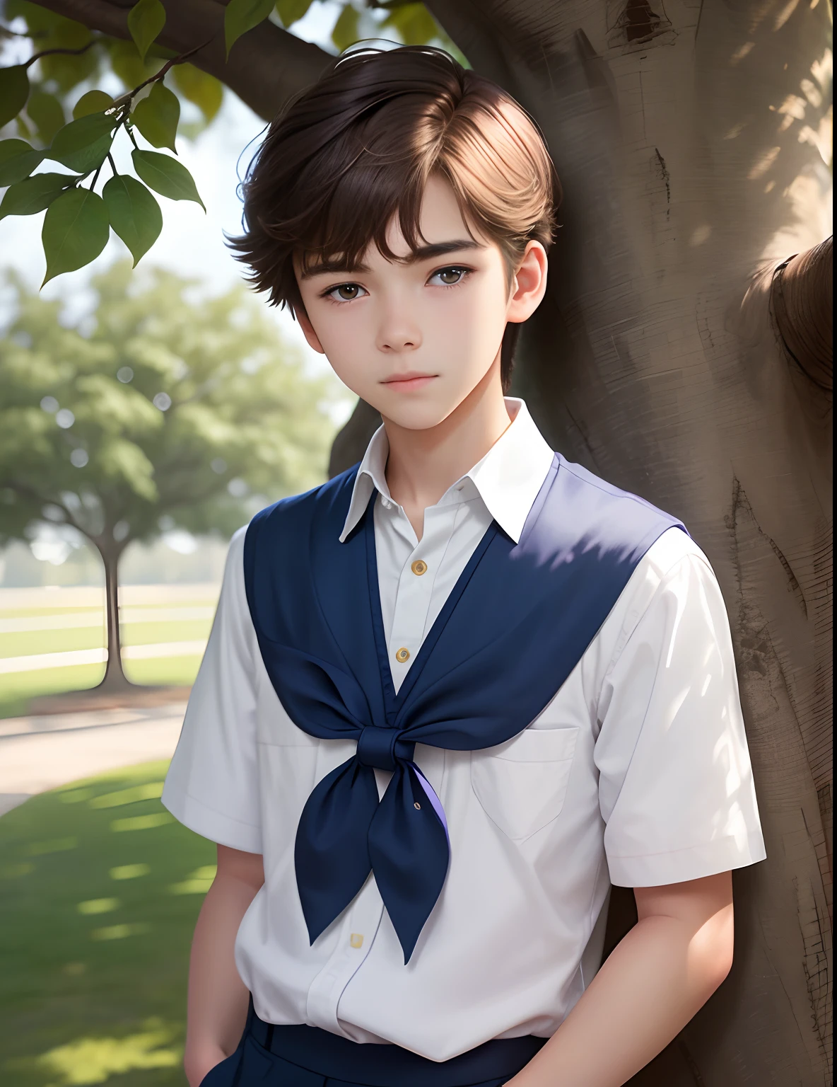 A fifteen or sixteen-year-old boy, sleepy-eyed, standing on the left side of the magnolia tree, wearing a blue school uniform, a face full of sunlight, brown hair, a gentle smile on his face, a tall posture, a clear face, handsome and handsome