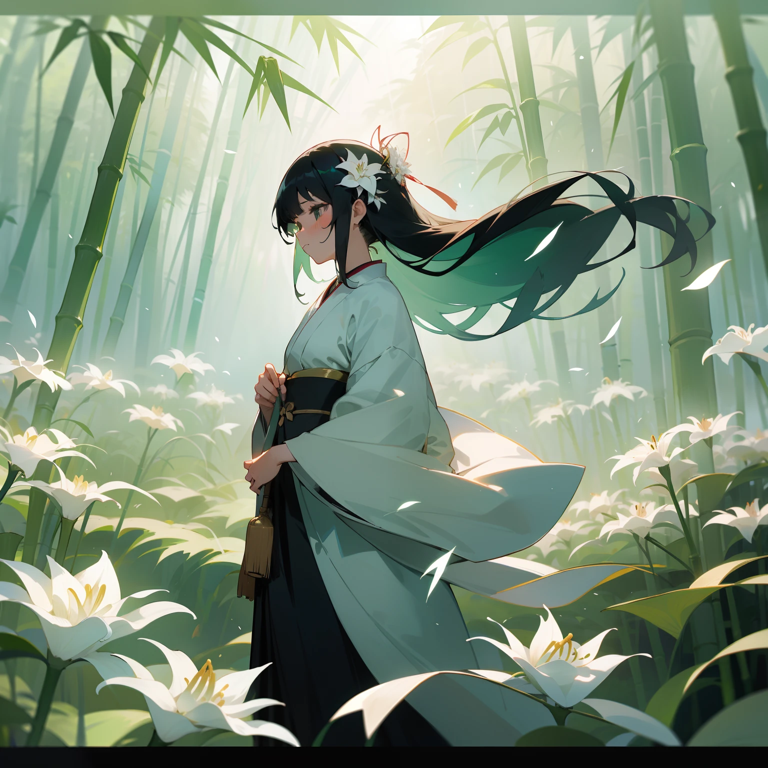 A black hair beautiful female in white hanfu dress , close up.
The back is a lush green bamboo forest. The air after rain has water droplets splashing around.