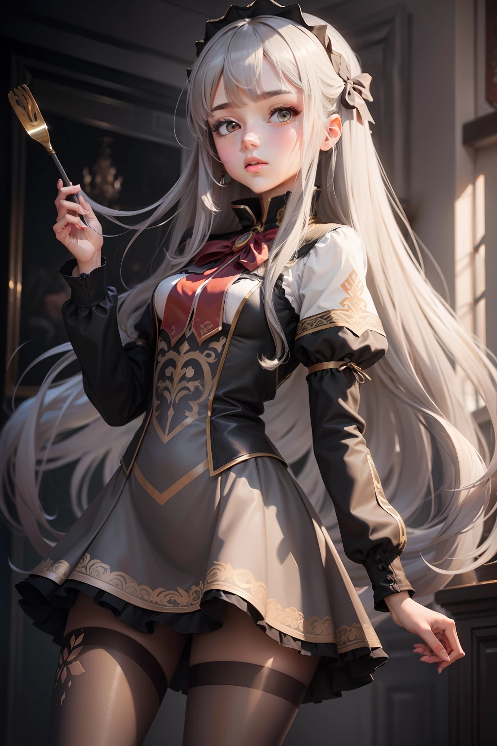 High quality 2D painting style,intricately details,grey long hair,Teenage girl in pantyhose