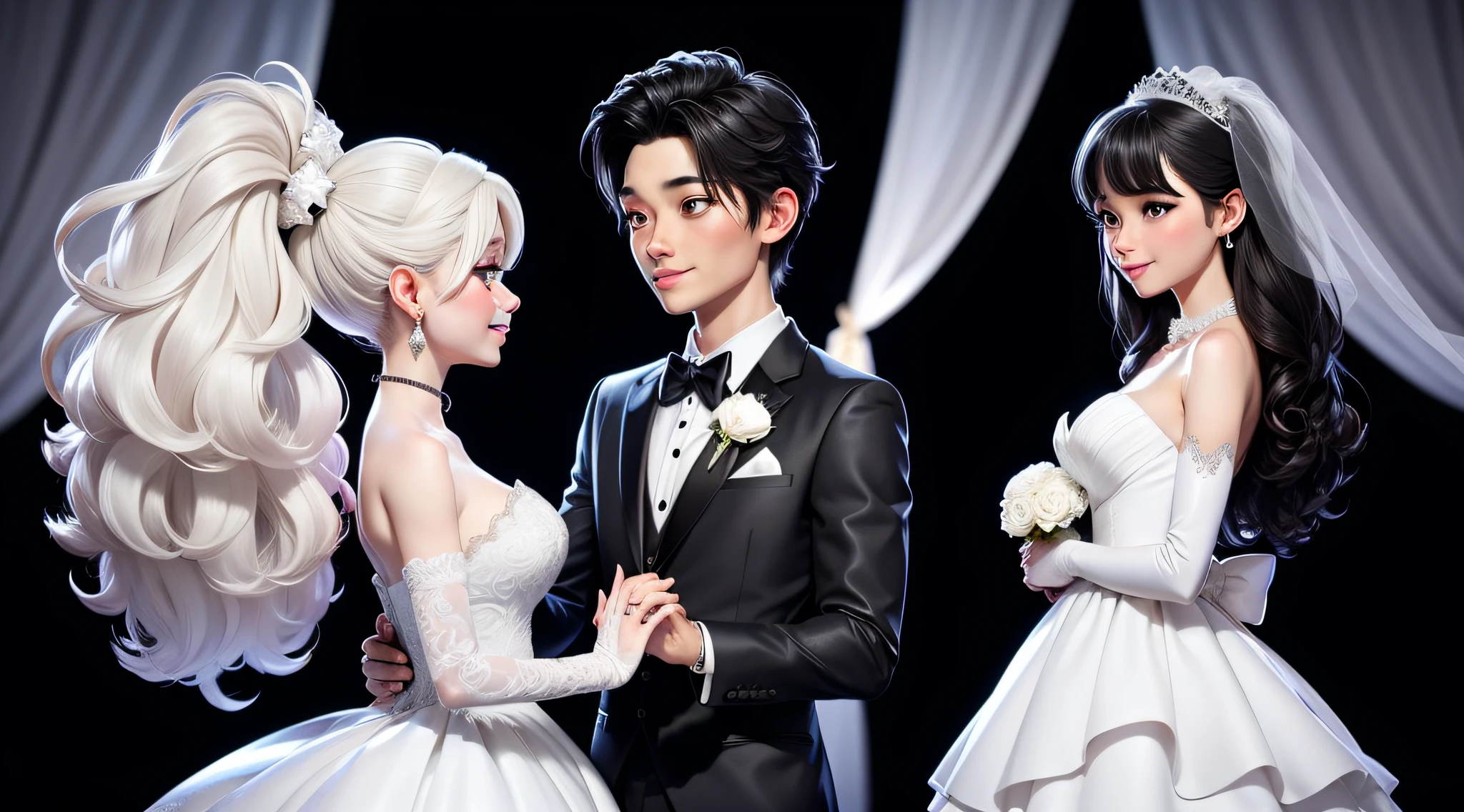 marriage ring、White and black stars、Simple backgrounds、kirakira、Two rings、wedding dress、tuxedo、full bodyesbian、two people、Marriage of a man and a woman