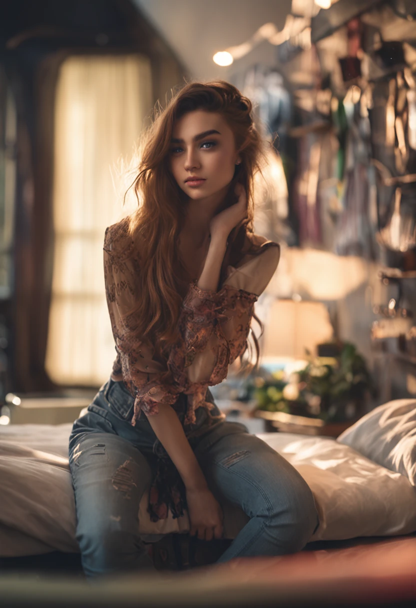 Portrait of a lovely 18 year old girl with a perfect one, Beautiful face, Russian, In panties, in bed, beautiful bust (Dark private study, Dark, Atmospheric light: 1.2) Open legs