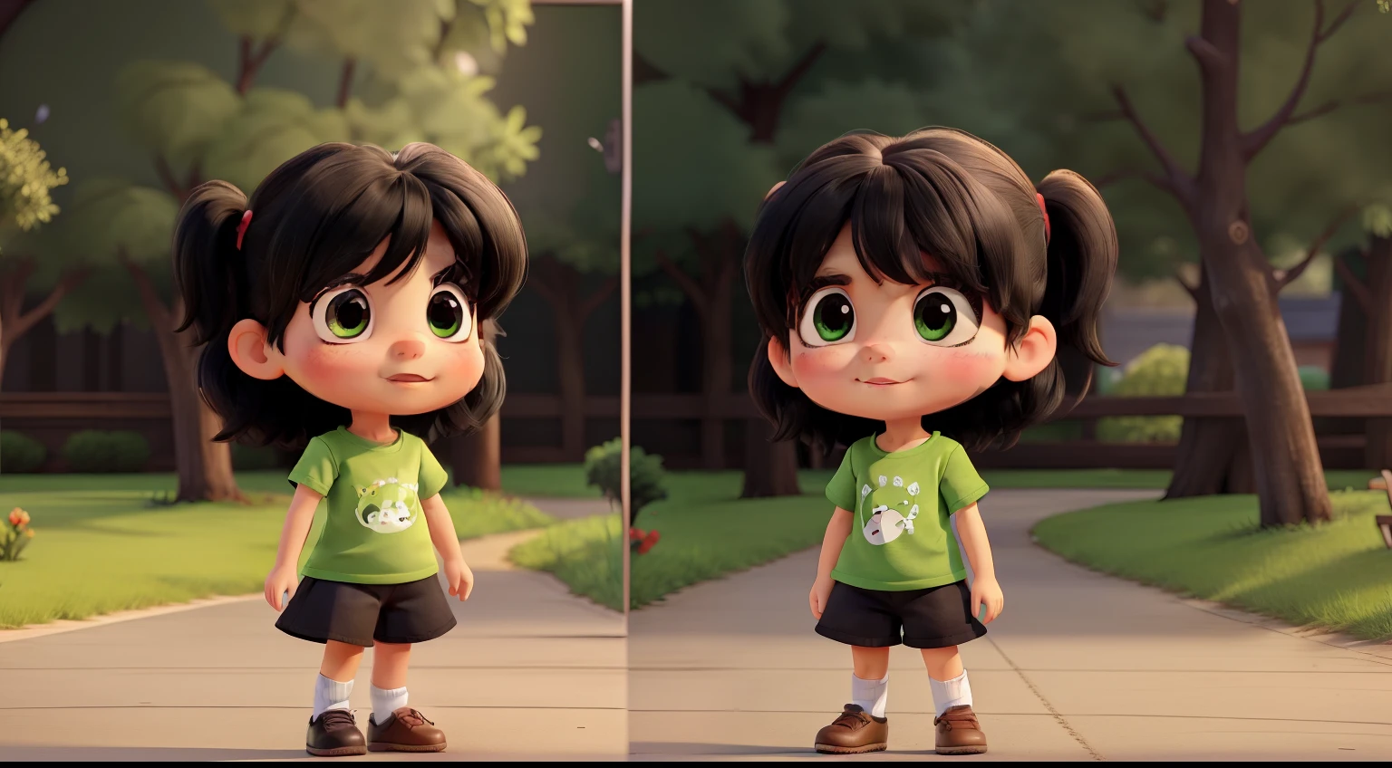 A little cute girl name Lisa, black hair, wearing no design green t-shirt, black pants, brown shoes, Front view, Fearful expression, in the style of Cartoonish illustrations