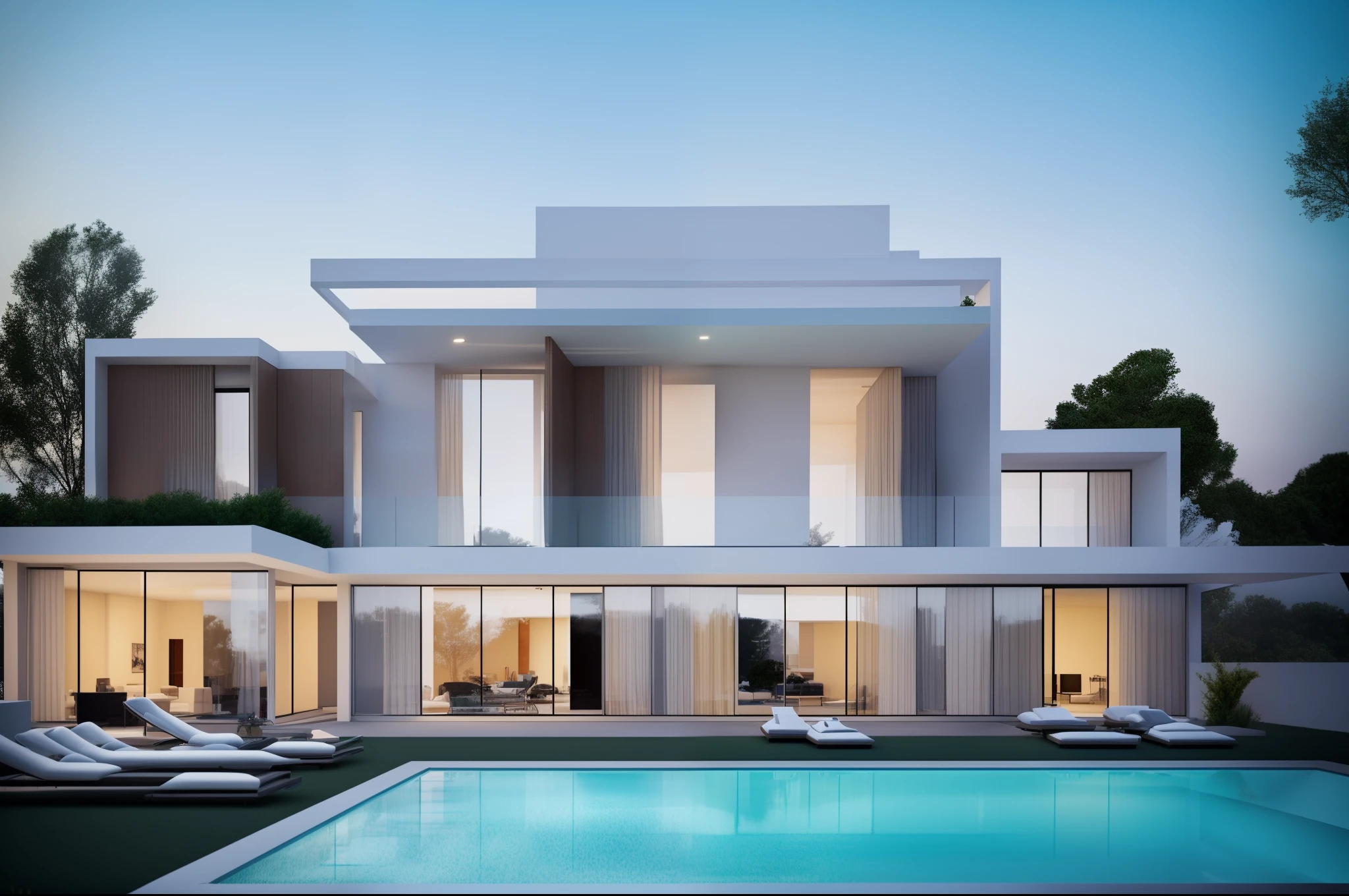 arafed view of a modern house with a pool and lounge chairs, a digital rendering by Seb McKinnon, shutterstock, conceptual art, modern house, modern architecture design, luxury architecture, contemporary house, modern architecture, modern design, modern minimal design, ultra modern, large modern residence, modern setting, futuristic house, white minimalist architecture, luxury lifestyle, contemporary design