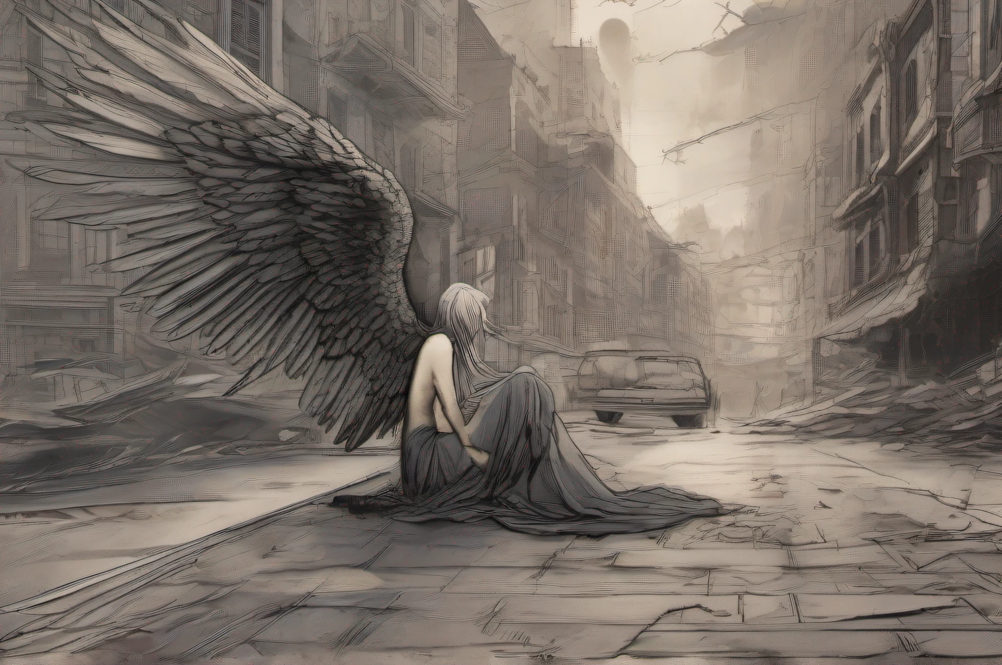 Imagine a scene in which a fallen and malevolent angel, with a seductive appearance and large beautiful wings, is in full motion. The scene takes place on the streets of an apocalyptic city, ablaze and in ruins. Use a contrasting style of writing to highlight the angel's beauty in juxtaposition to the decay of the surroundings.

Begin the text with a striking opening, capturing the reader's attention as you describe the angel's descent. Introduce retrospective moments through contextual flashbacks to unveil the angel's backstory and transformation into a malevolent being. Explore the angel's internal thoughts as they fall, allowing the reader to access their psychology.

Throughout the text, employ a metaphor describing the angel's wings as 'dark glimmers of freedom,' creating a contrast with the oppression of the ruined environment. Add sensory elements such as smells and sounds that emphasize the desolation of the city and the grace of the angel. Additionally, play with chromatic contrast, using dark and cool colors for the city and warm and vibrant colors for the angel.

Insert a table with multiple rows to highlight the duality of the angel and the surroundings, create lists to detail the retrospective moments, and use different header styles to divide the text into thematic sections. Ensure the text is focused on conveying the visual and emotional aesthetics of the described scene.