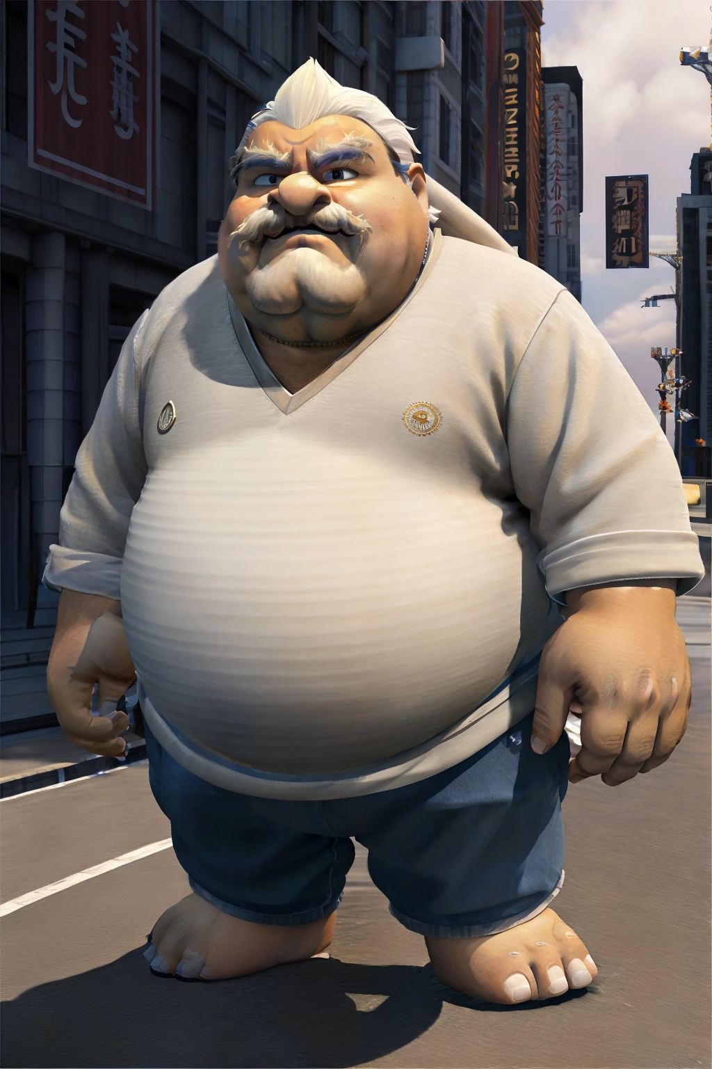 (extremely detailed CG unity 8k wallpaper,masterpiece, best quality, ultra-detailed),(best illumination, best shadow, an extremely delicate and beautiful),floating,high saturation,obese man,expressionless face,bulging stomach,round face,wearing casual clothes,wide shot