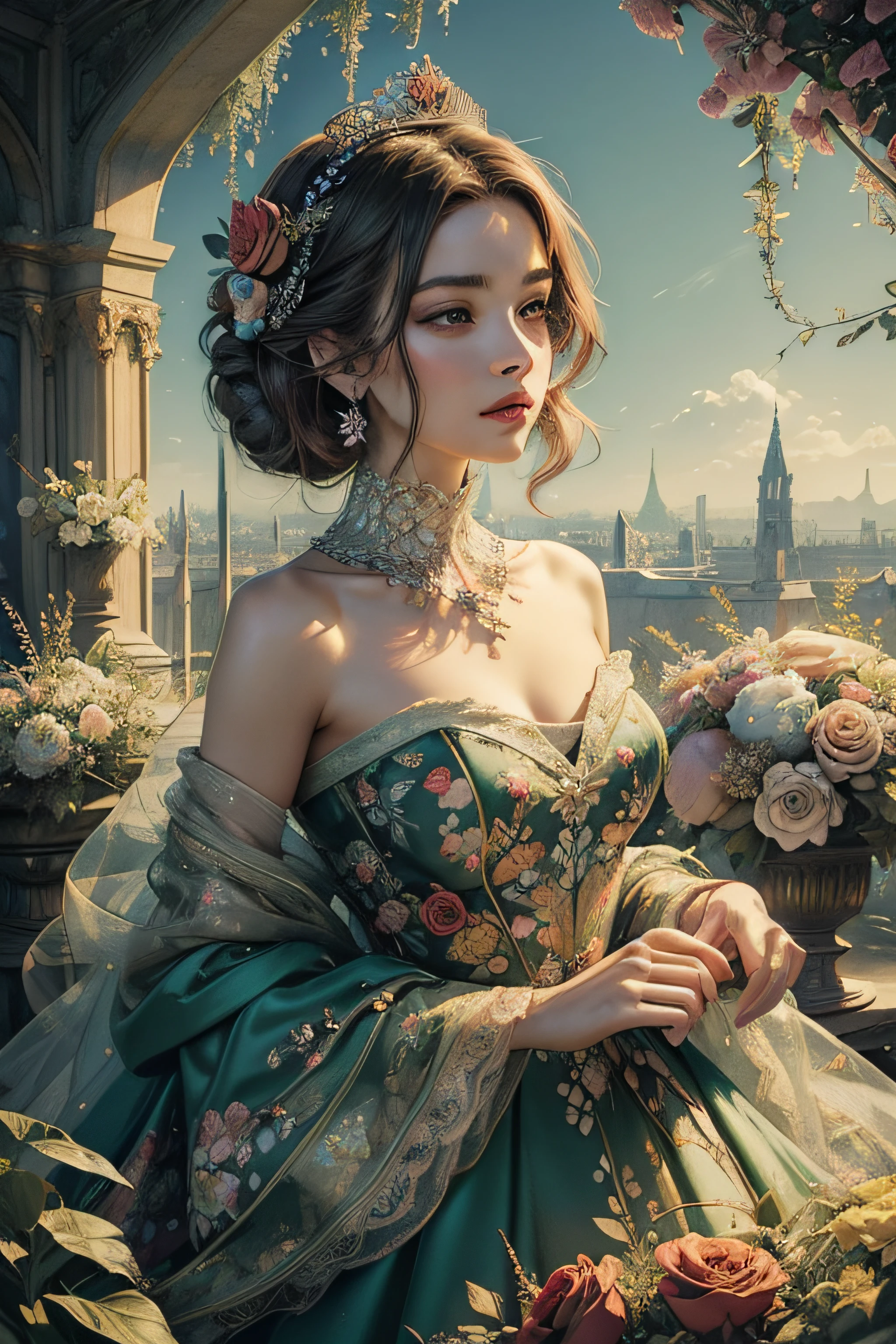 (masterpiece, top quality, best quality, official art, beautiful and aesthetic:1.2), (1maturedgirl), cute, extreme detailed,(floral art:1.3),colorful, highest detailed, royal, princess, crown, flower garden, dark green gown dress