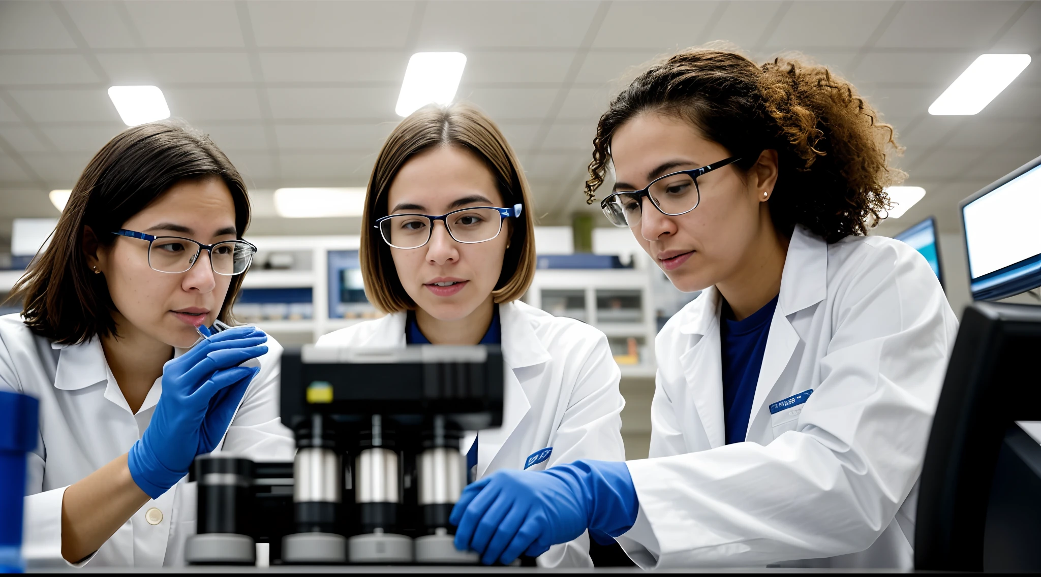 instagram photo, closeup face photo, A dynamic shot of women researchers in a lab, adjusting equipment and discussing hypotheses, energetic, collaborative,