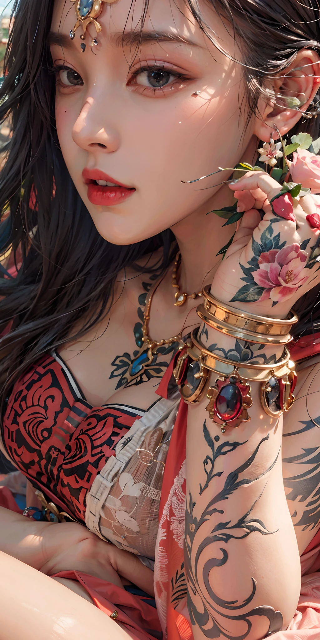 photorealistic, high resolution, soft light,1women, solo, hips up, (detailed face), jewelry, tattoo, songoku costume