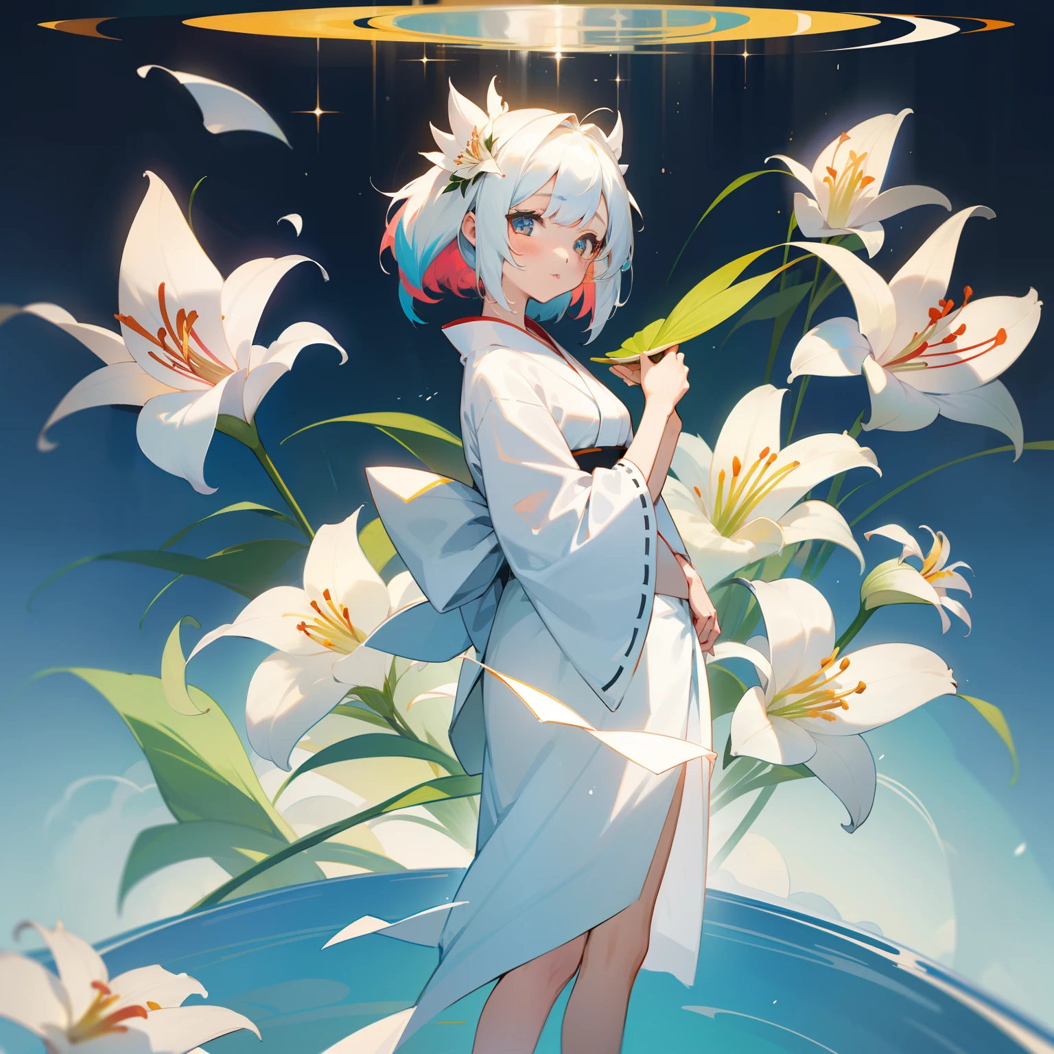 One girl stood。White and multicolored hair、The figure is as pure and innocent as a lily flower、Her multicolored white kimono、Lily flowers as a symbol of majesty and glory surrounded her。Her appearance is like the Virgin、noble、proud、、Shining as a beautiful being