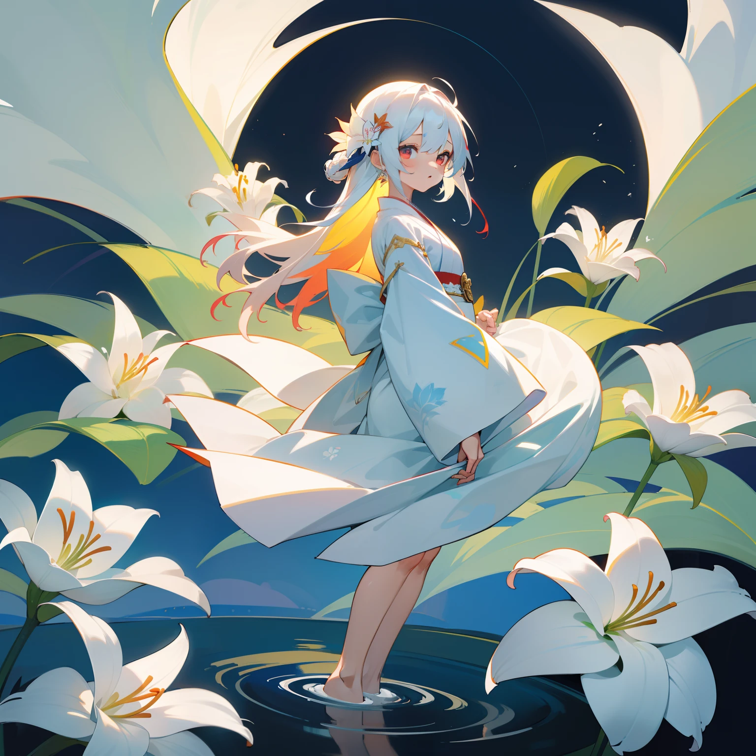 One girl stood。White and multicolored hair、The figure is as pure and innocent as a lily flower、Her multicolored white kimono、Lily flowers as a symbol of majesty and glory surrounded her。Her appearance is like the Virgin、noble、proud、、Shining as a beautiful being