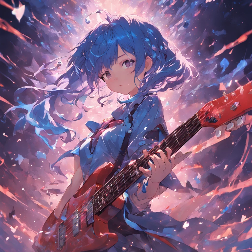 Japanese anime illustration style, Guitar Playing, Blue guitar, Ibanes, shoulder length messy hair, (((Sad: 1.5))), full bodyesbian, anime big breast, Super beautiful, Ultra detailed paintings, concept-art, 4K 分辨率, Fractal isometric detailed bioluminescence, 3D rendering of,. rendering by octane, Cinematic,