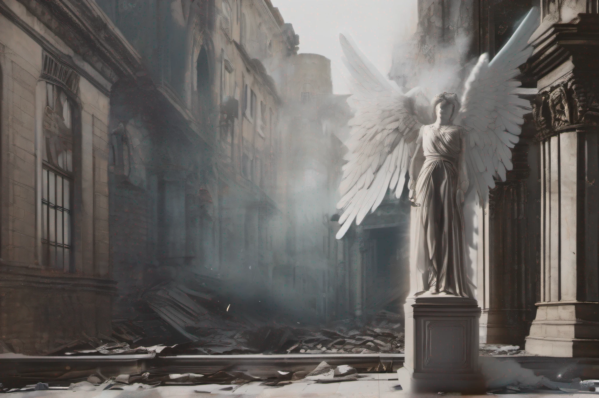 Imagine a scene in which a fallen and malevolent angel, with a seductive appearance and large beautiful wings, is in full motion. The scene takes place on the streets of an apocalyptic city, ablaze and in ruins. Use a contrasting style of writing to highlight the angel's beauty in juxtaposition to the decay of the surroundings.

Begin the text with a striking opening, capturing the reader's attention as you describe the angel's descent. Introduce retrospective moments through contextual flashbacks to unveil the angel's backstory and transformation into a malevolent being. Explore the angel's internal thoughts as they fall, allowing the reader to access their psychology.

Throughout the text, employ a metaphor describing the angel's wings as 'dark glimmers of freedom,' creating a contrast with the oppression of the ruined environment. Add sensory elements such as smells and sounds that emphasize the desolation of the city and the grace of the angel. Additionally, play with chromatic contrast, using dark and cool colors for the city and warm and vibrant colors for the angel.

Insert a table with multiple rows to highlight the duality of the angel and the surroundings, create lists to detail the retrospective moments, and use different header styles to divide the text into thematic sections. Ensure the text is focused on conveying the visual and emotional aesthetics of the described scene.