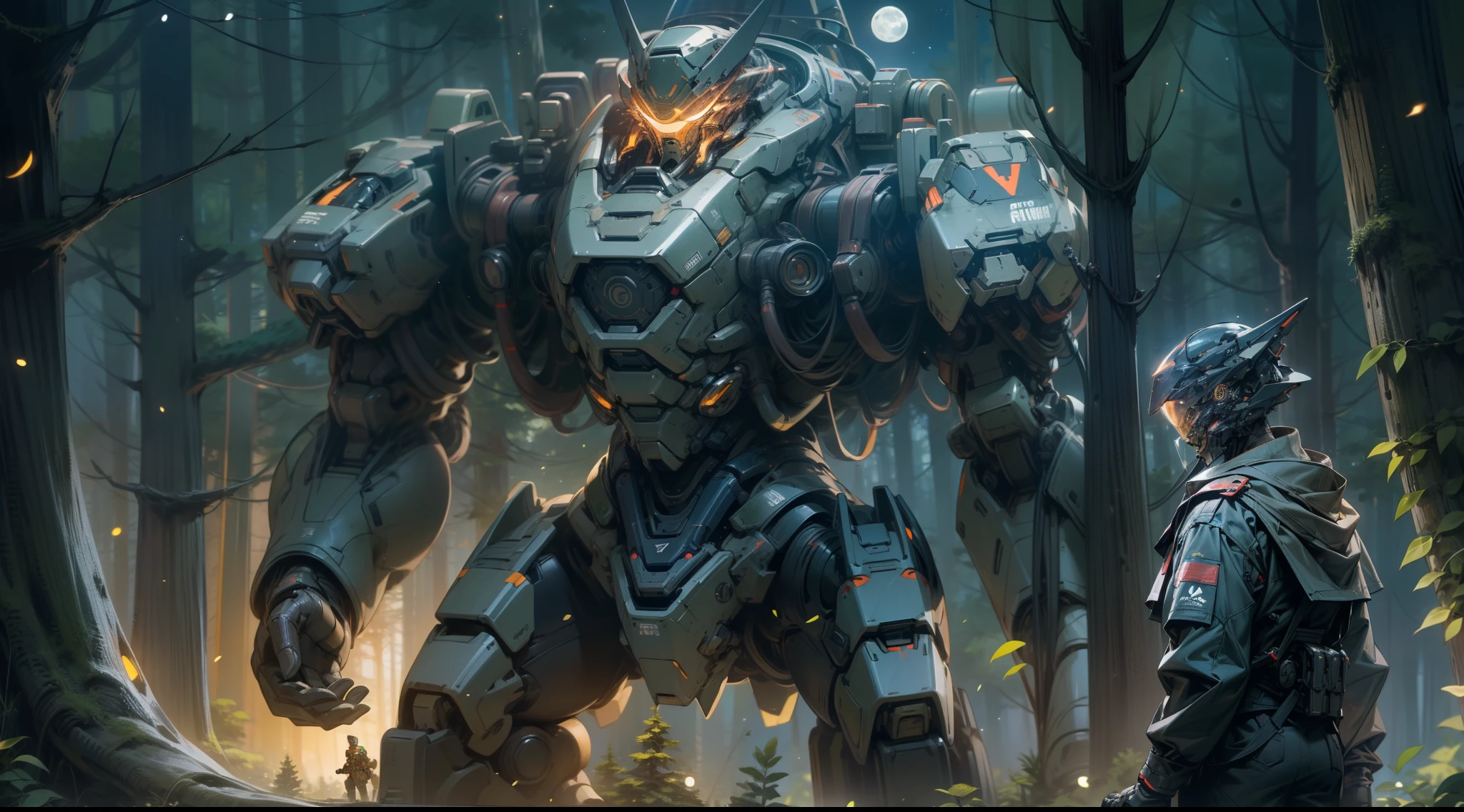 A soldier in armor stands near a humanoid war mech in the forest. it's night time,There is a full moon in the sky,Full of stars,There are some fireflies in the background. He is sending positive signals. Panoramic view. full body in picture. Centered.
