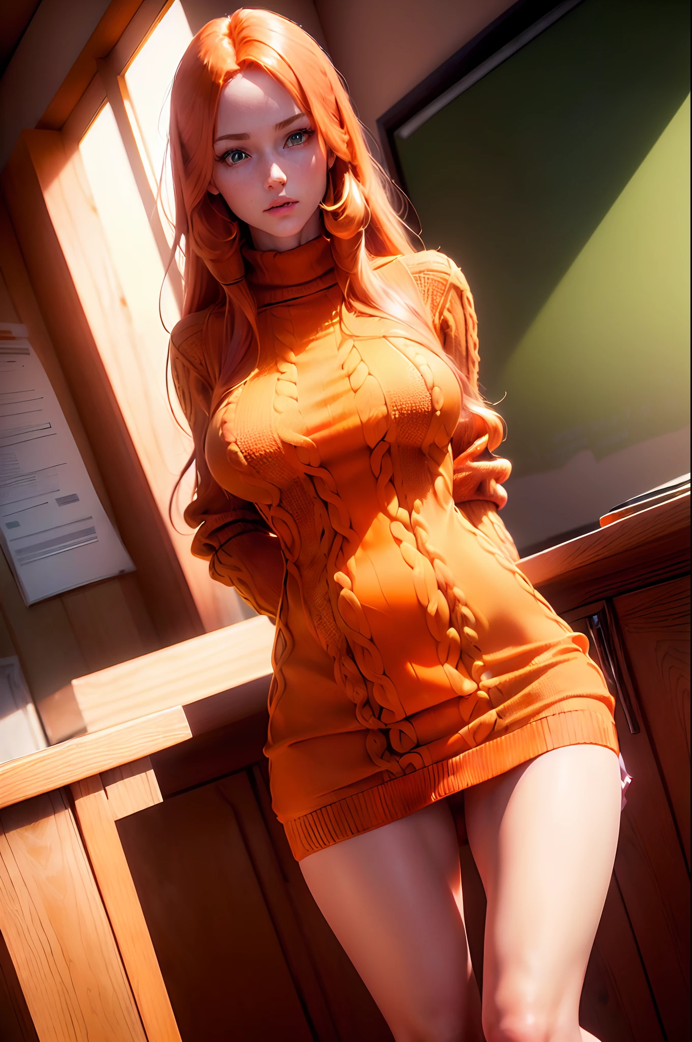 ((( photorealism ))) , (( 8k ultra resolution )) , (( HDR))), ((( natural lighting ))), (( tall woman )) , (( 20 years old )), ((( dress with a transparent red sweater ))), ((( no clothes under the sweater ))), medium bust, ((ultra realistic)), inside a classroom (( realistic )), classroom , (( long orange hair )) ,(( green eyes)), tanned skin (( ultra realistic)) , (( in provocative poses )).