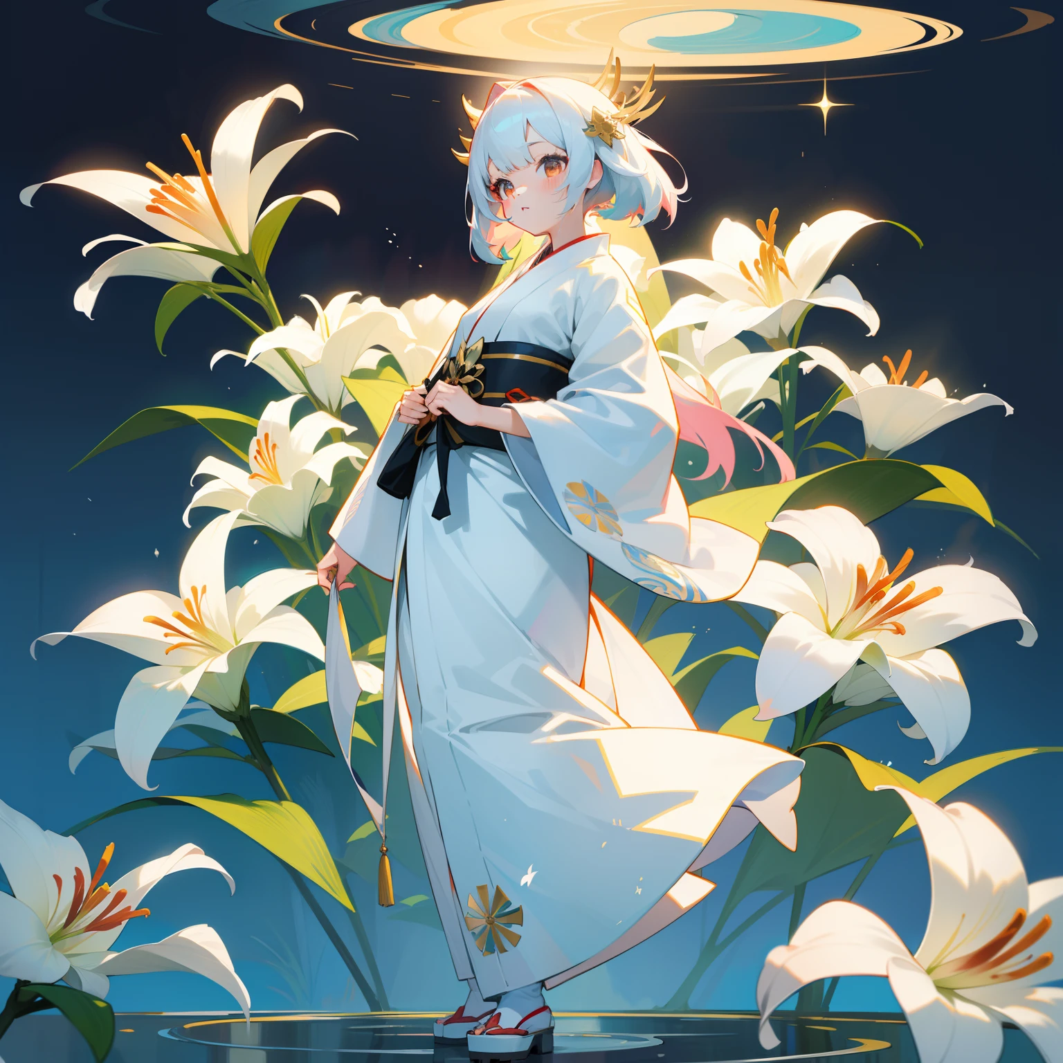 One girl stood。White and multicolored hair、The figure is as pure and innocent as a lily flower、Her multicolored white kimono、Lily flowers as a symbol of majesty and glory surrounded her。Her appearance is like the Virgin、noble、proud、、Shining as a beautiful being