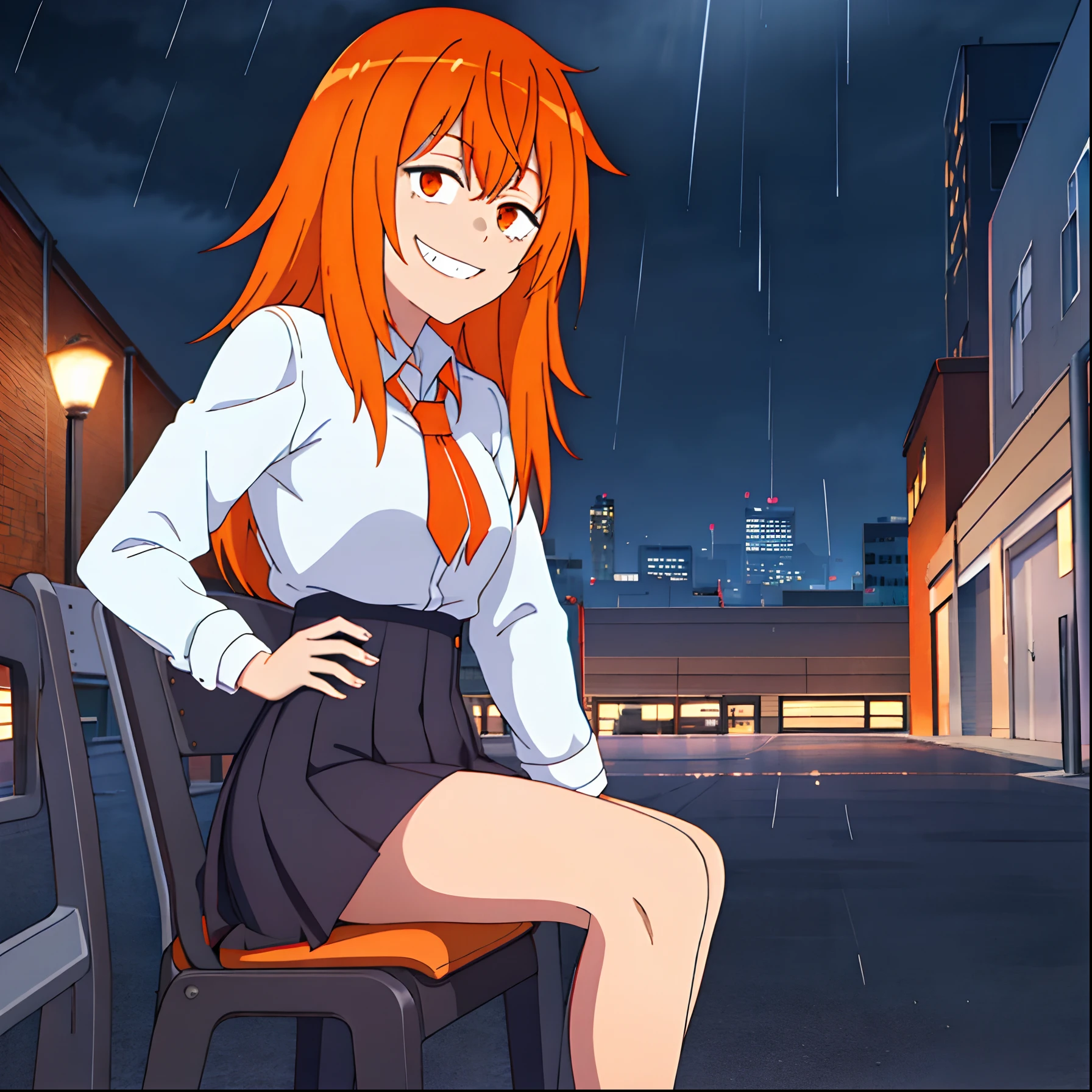 1girl, solo,sitting, city_alley,  masterpiece, school uniform, professional artwork, famous artwork, perfect face, orange hair, (orange eyes:1), beautiful face, evil smile, ((perfect female body, narrow waist)), background rain at night ,