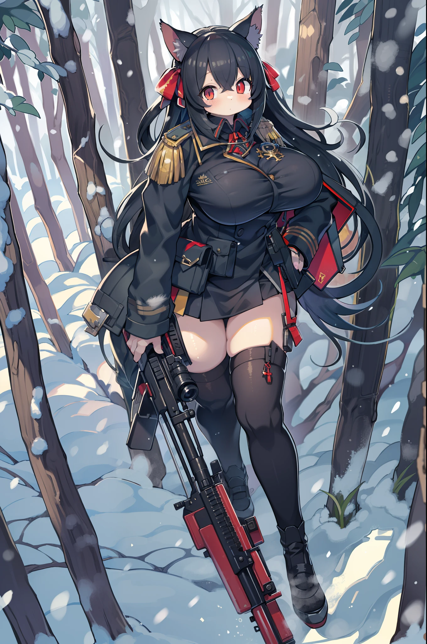 Huntress girl with huge rifle in snow fight pose,oriental,blade and soul,InkStyle,long red hair,Leather and fur coat,Tight mini skirt、Cold,The artwork,２D,4K,Detailed,Fantasia、((Huge rifle)),bbw、thick thight、big butts、