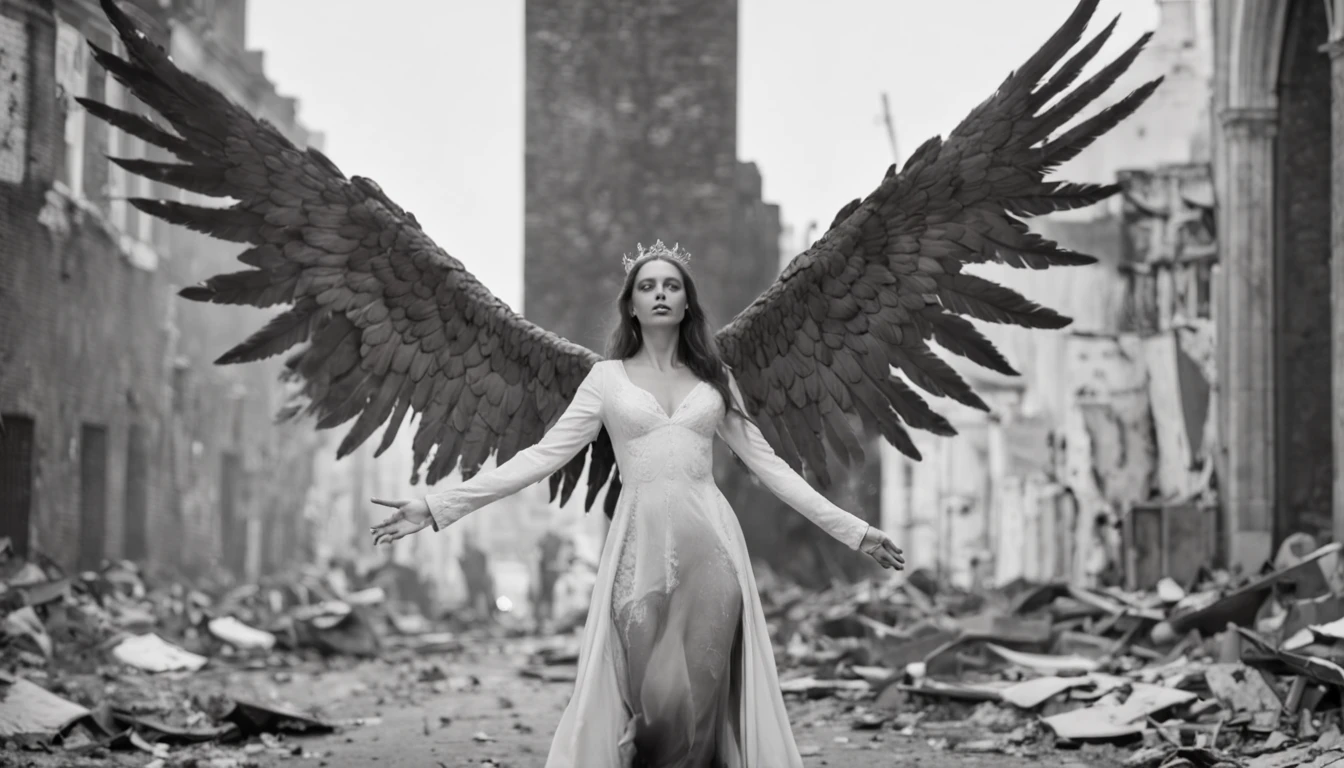 Imagine a scene in which a fallen and malevolent angel, with a seductive appearance and large beautiful wings, is in full motion. The scene takes place on the streets of an apocalyptic city, ablaze and in ruins. Use a contrasting style of writing to highlight the angel's beauty in juxtaposition to the decay of the surroundings.

Begin the text with a striking opening, capturing the reader's attention as you describe the angel's descent. Introduce retrospective moments through contextual flashbacks to unveil the angel's backstory and transformation into a malevolent being. Explore the angel's internal thoughts as they fall, allowing the reader to access their psychology.

Throughout the text, employ a metaphor describing the angel's wings as 'dark glimmers of freedom,' creating a contrast with the oppression of the ruined environment. Add sensory elements such as smells and sounds that emphasize the desolation of the city and the grace of the angel. Additionally, play with chromatic contrast, using dark and cool colors for the city and warm and vibrant colors for the angel.

Insert a table with multiple rows to highlight the duality of the angel and the surroundings, create lists to detail the retrospective moments, and use different header styles to divide the text into thematic sections. Ensure the text is focused on conveying the visual and emotional aesthetics of the described scene.