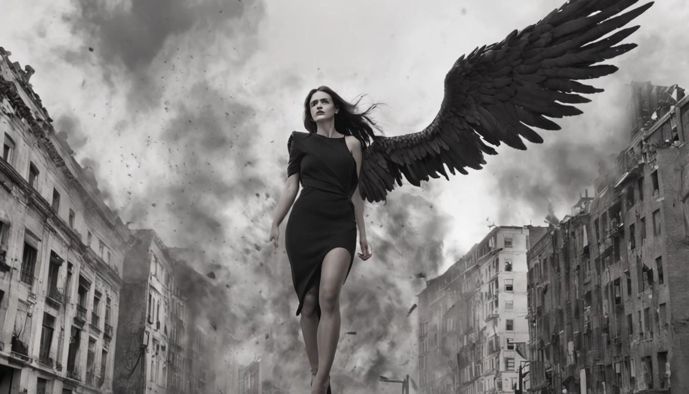 Imagine a scene in which a fallen and malevolent angel, with a seductive appearance and large beautiful wings, is in full motion. The scene takes place on the streets of an apocalyptic city, ablaze and in ruins. Use a contrasting style of writing to highlight the angel's beauty in juxtaposition to the decay of the surroundings.
Begin the text with a striking opening, capturing the reader's attention as you describe the angel's descent. Introduce retrospective moments through contextual flashbacks to unveil the angel's backstory and transformation into a malevolent being. Explore the angel's internal thoughts as they fall, allowing the reader to access their psychology.
Throughout the text, employ a metaphor describing the angel's wings as 'dark glimmers of freedom,' creating a contrast with the oppression of the ruined environment. Add sensory elements such as smells and sounds that emphasize the desolation of the city and the grace of the angel. Additionally, play with chromatic contrast, using dark and cool colors for the city and warm and vibrant colors for the angel.
Insert a table with multiple rows to highlight the duality of the angel and the surroundings, create lists to detail the retrospective moments, and use different header styles to divide the text into thematic sections. Ensure the text is focused on conveying the visual and emotional aesthetics of the described scene.