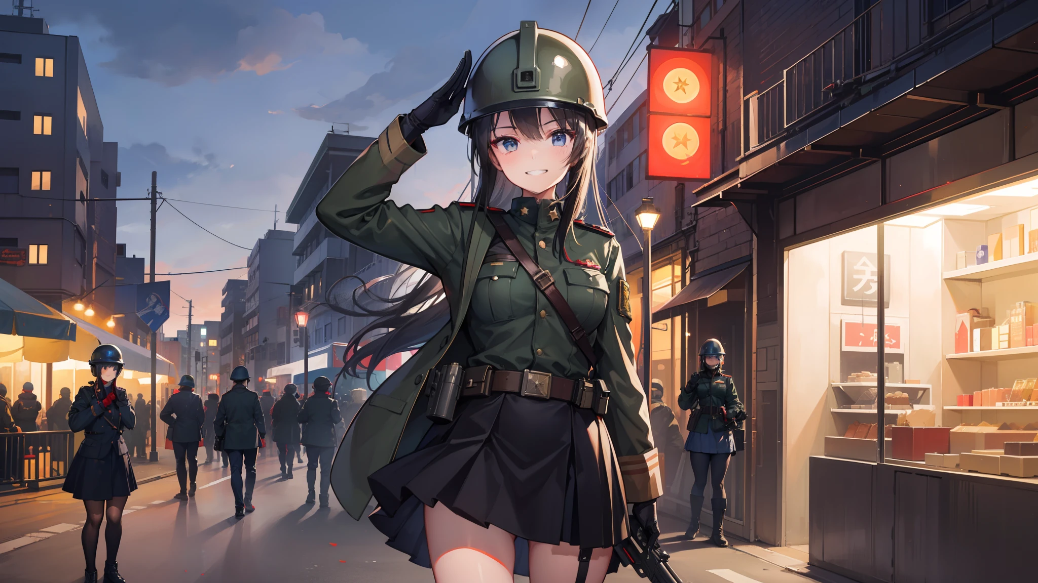 A girl in military uniform,Gun in hand,grinning smile,Shy,Warm street lights,down town,Superskirt,saluting,Wear a steel helmet,The steel helmet has a solid red five-pointed star,Long legs are exposed