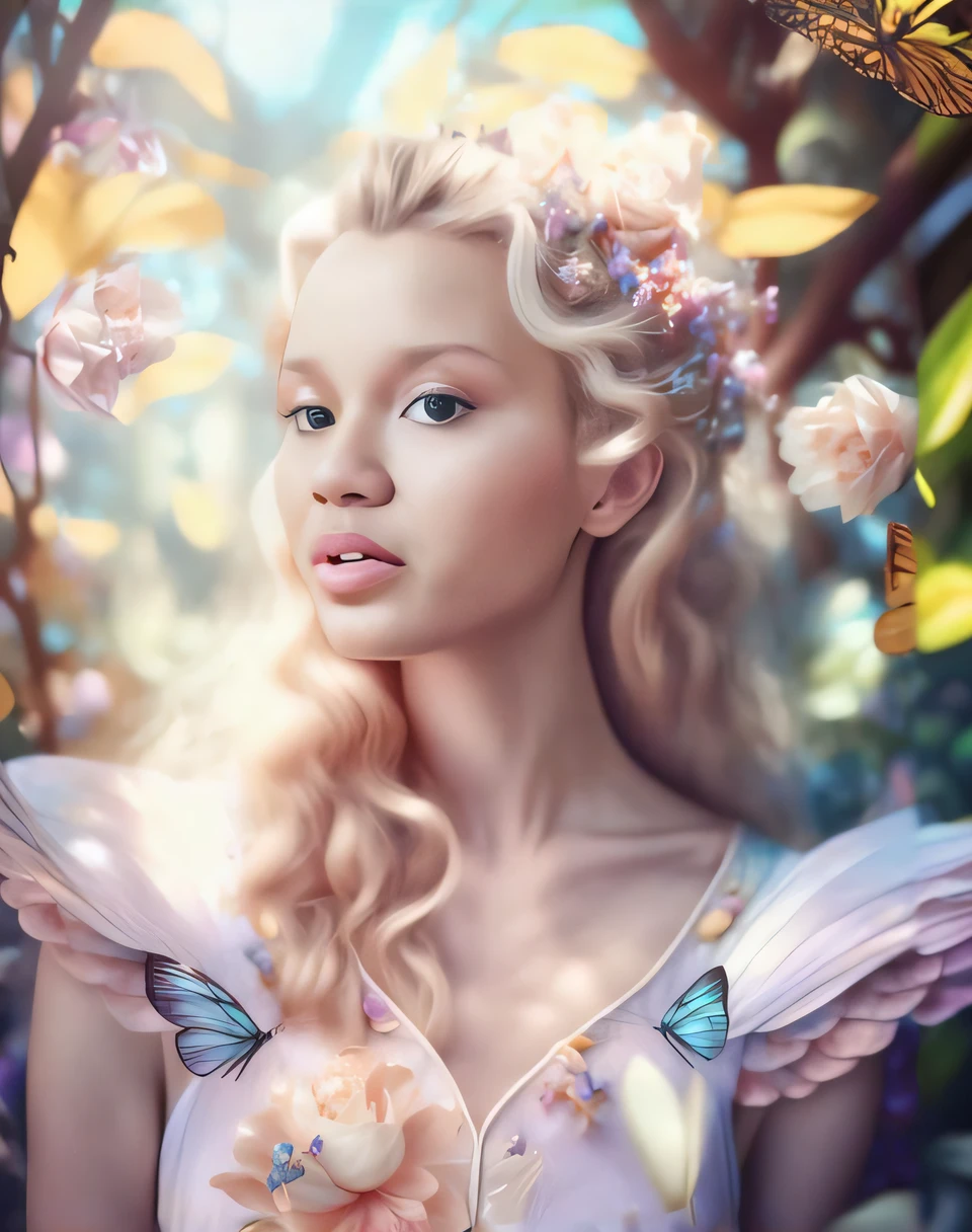 um close up de uma mulher com uma borboleta no cabelo, retrato bonito da fantasia, retrato bonito da arte da fantasia, fada bonita, Retrato da fada, fada bonita, Retrato de uma fada, fada adulta bonita, bela arte de fantasia, retrato da fantasia, retrato da arte da fantasia, Margot Robbie como uma fada, arte de fantasia muito bonita, fantasia bonita, fantasy painterly style, Fada
