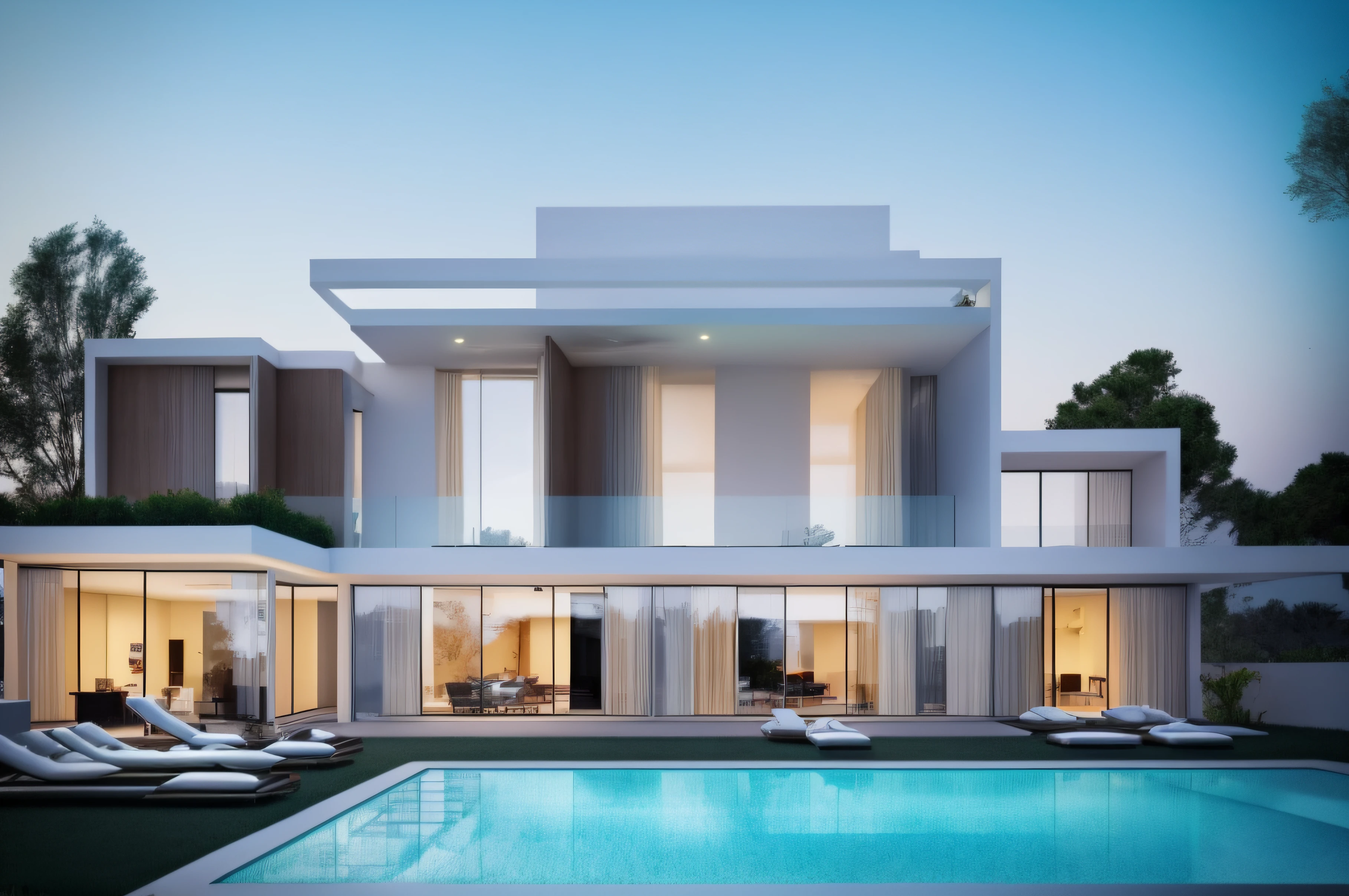 arafed view of a modern house with a pool and lounge chairs, a digital rendering by Seb McKinnon, shutterstock, conceptual art, modern house, modern architecture design, luxury architecture, contemporary house, modern architecture, modern design, modern minimal design, ultra modern, large modern residence, modern setting, futuristic house, white minimalist architecture, luxury lifestyle, contemporary design
