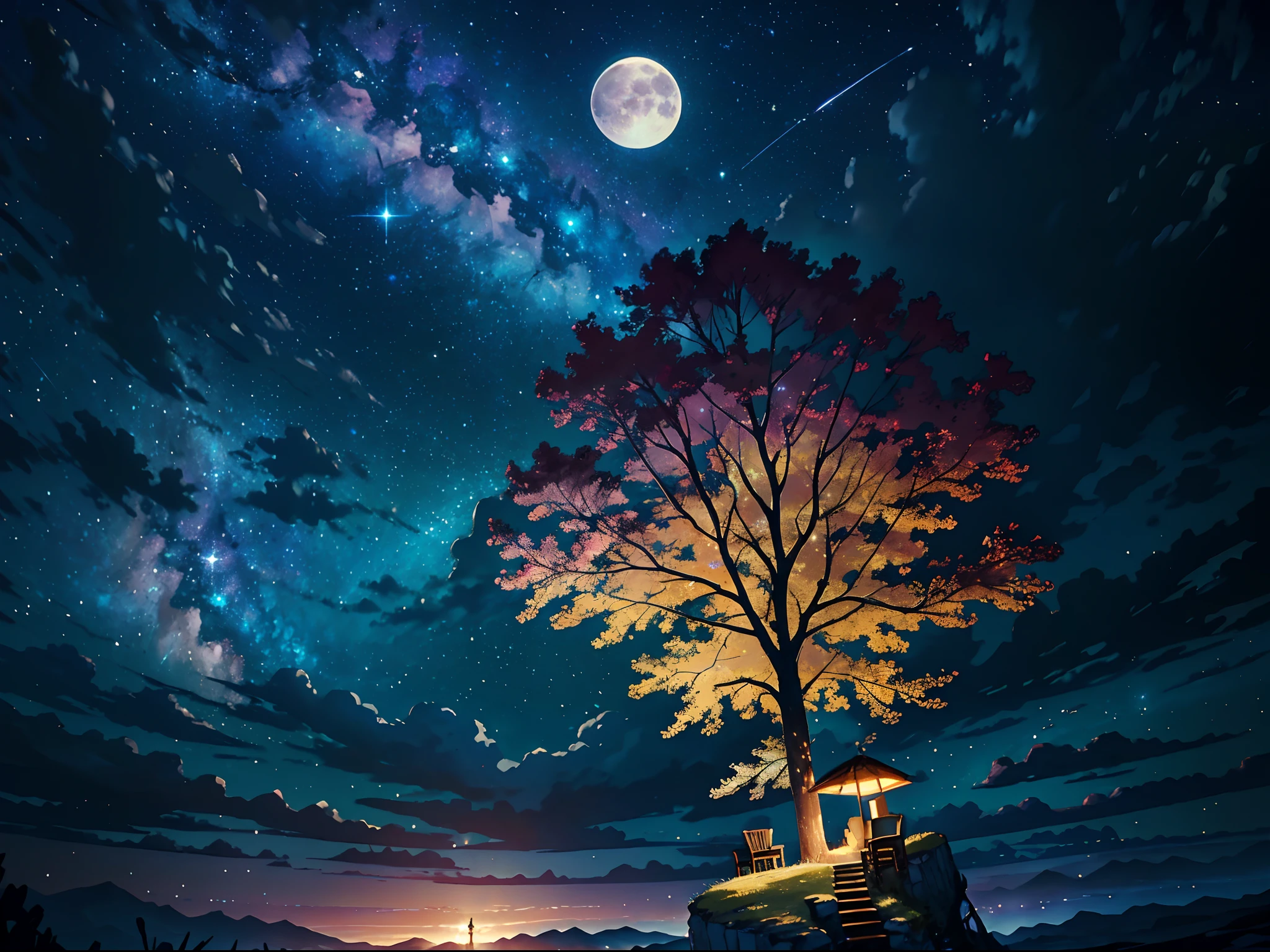 Expansive landscape photograph, (view from below with a view of the sky and the wilderness below), girl playing piano, (full moon: 1.2), (shooting star: 0.9), (nebula: 1.3), distant mountain, tree break production art, (warm light source: 1.2), (firefly: 1.2), lamp, purple and orange, intricate detail, volume lighting BREAK (masterpiece: 1.2), (highest quality ), 4k, ultra-detailed, (dynamic configuration: 1.4), highly detailed and colorful details (iridescent: 1.2), (sparkling lighting, atmospheric lighting), dreamy, magical, (solo: 1.2)