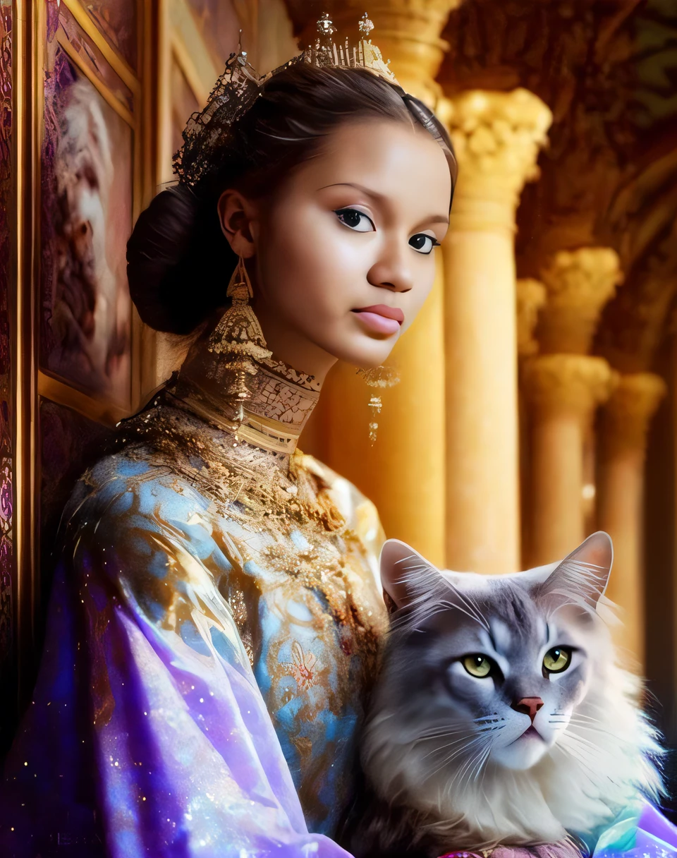 Arafed woman in a purple dress holding a cat in her arms, Princesa persa, gato elegante, beautiful animal pearl queen, mulher linda, mulher e gato, Rainha persa, muito bonita gatinha fofa, gatinha jovem bonita, menina gato atraente, Directed by: Nina Petrovna Valetova, Directed by: Alexander Kucharsky, Majestade em roupas nobres