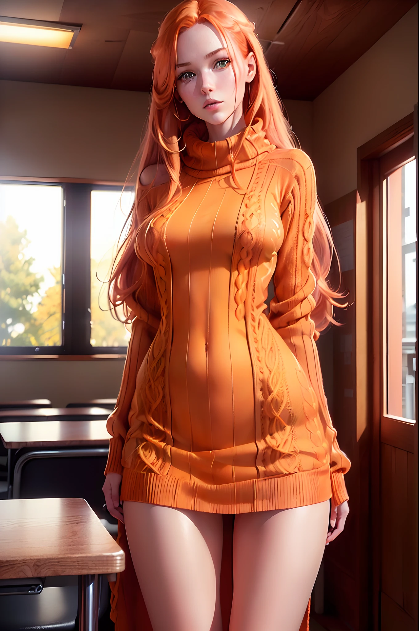 ((( photorealism ))) , (( 8k ultra resolution )) , (( HDR))), ((( natural lighting ))), (( tall woman )) , (( 20 years old )), ((( dress with a transparent red sweater ))), ((( no clothes under the sweater ))), medium bust, ((ultra realistic)), inside a classroom (( realistic )), classroom , (( long orange hair )) ,(( green eyes)), tanned skin (( ultra realistic)) , (( in provocative poses )).