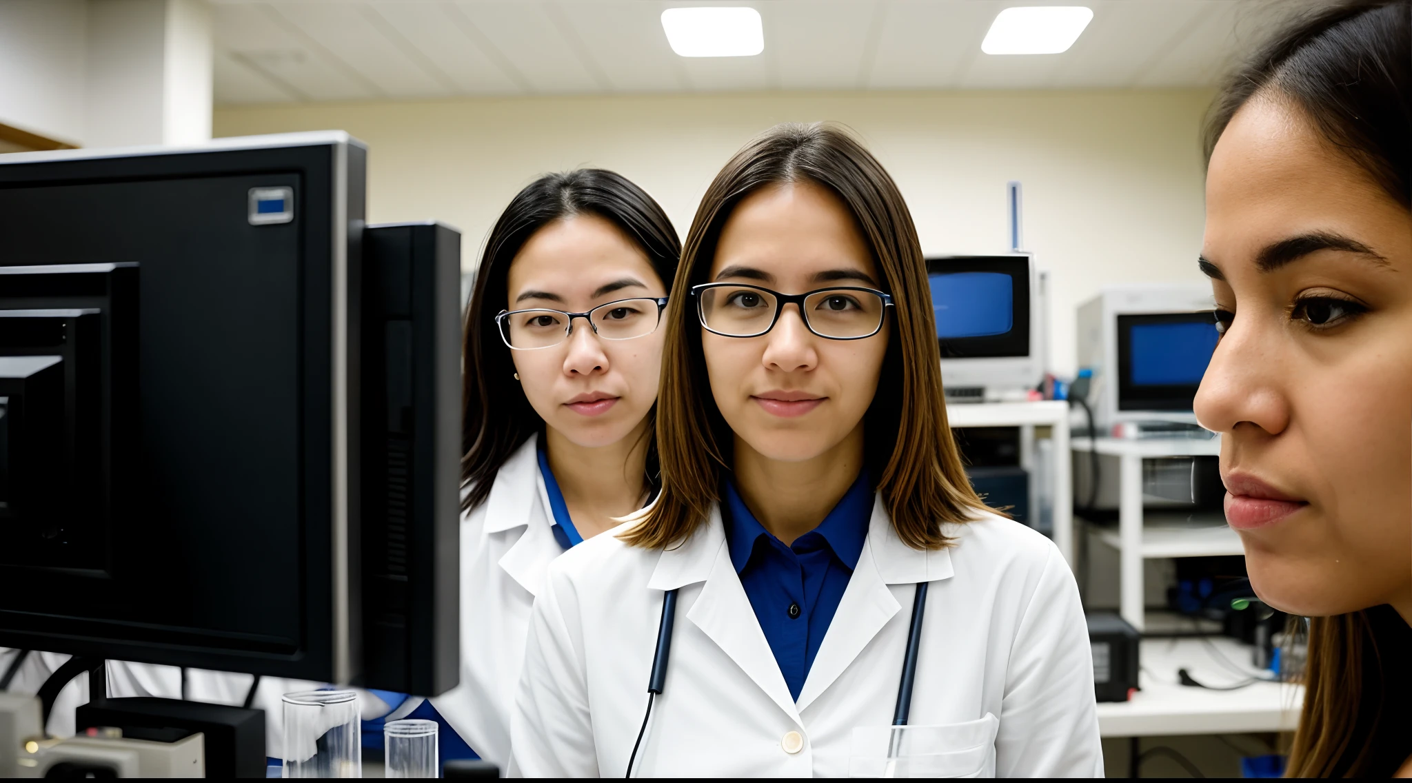 instagram photo, closeup face photo, A dynamic shot of women researchers in a lab,