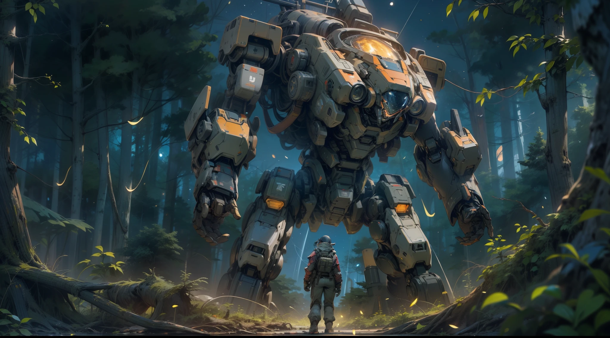 A soldier in armor stands near a humanoid war mech in the forest. it's night time，There is a full moon in the sky，Full of stars，There are some fireflies in the background. He is sending positive signals. Panoramic view. full body in picture. Centered.