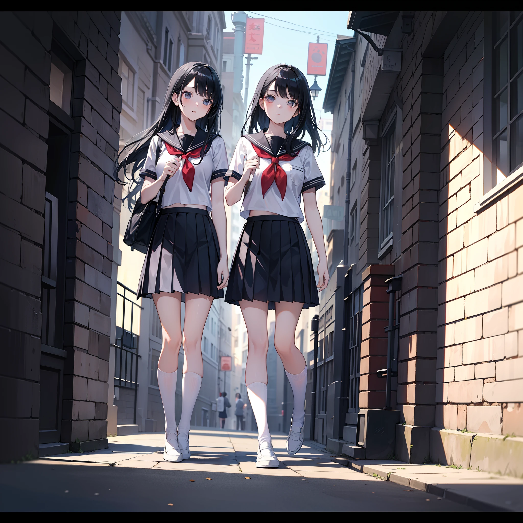 masterpiece, (bestquality), highlydetailed, ultra-detailed, 1girl, black hair, letterboxed, long hair, school uniform, shoes, skirt, uwabaki, white footwear