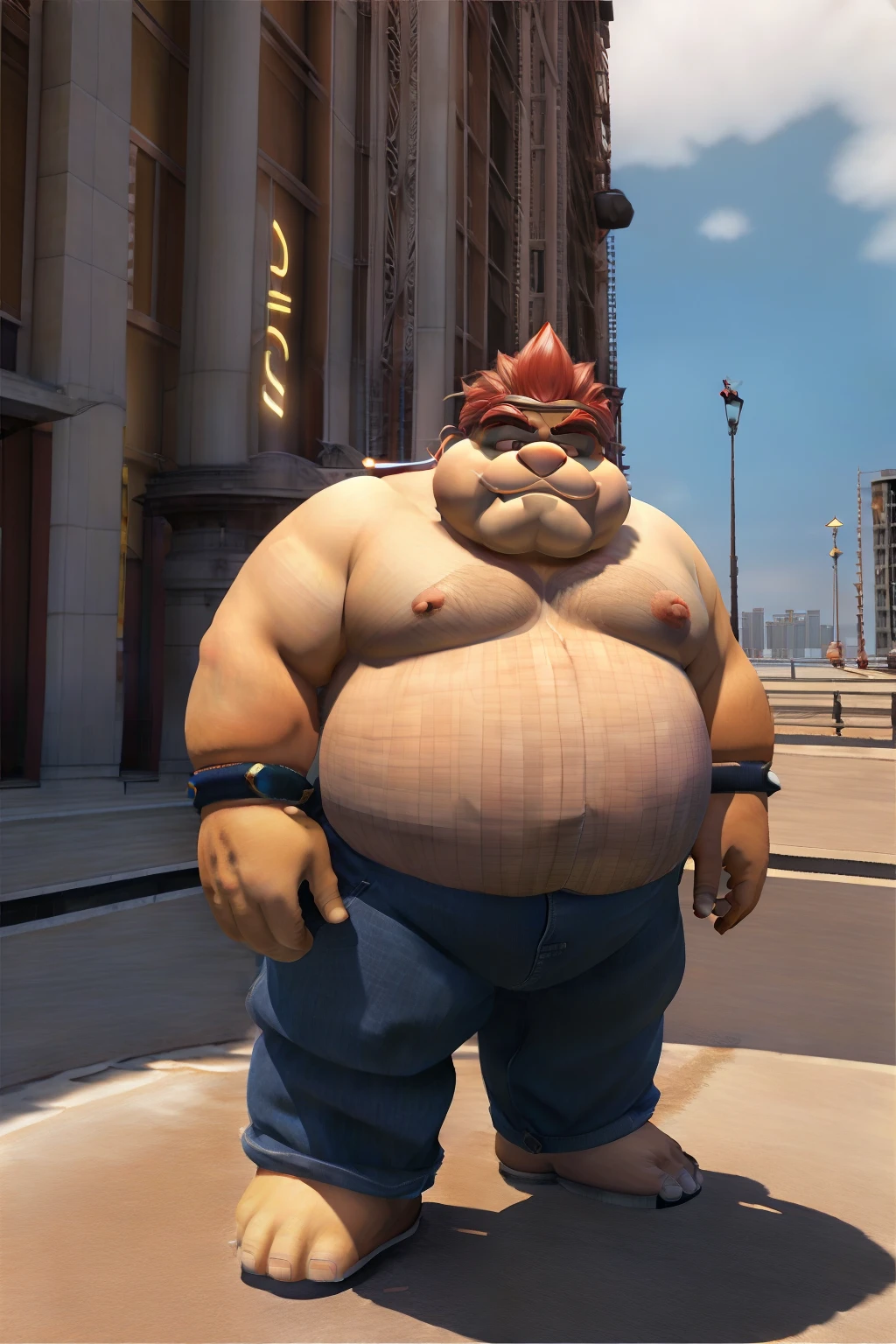 (extremely detailed CG unity 8k wallpaper,masterpiece, best quality, ultra-detailed),(best illumination, best shadow, an extremely delicate and beautiful),floating,high saturation,obese man,expressionless face,bulging stomach,round face,wearing casual clothes,wide shot